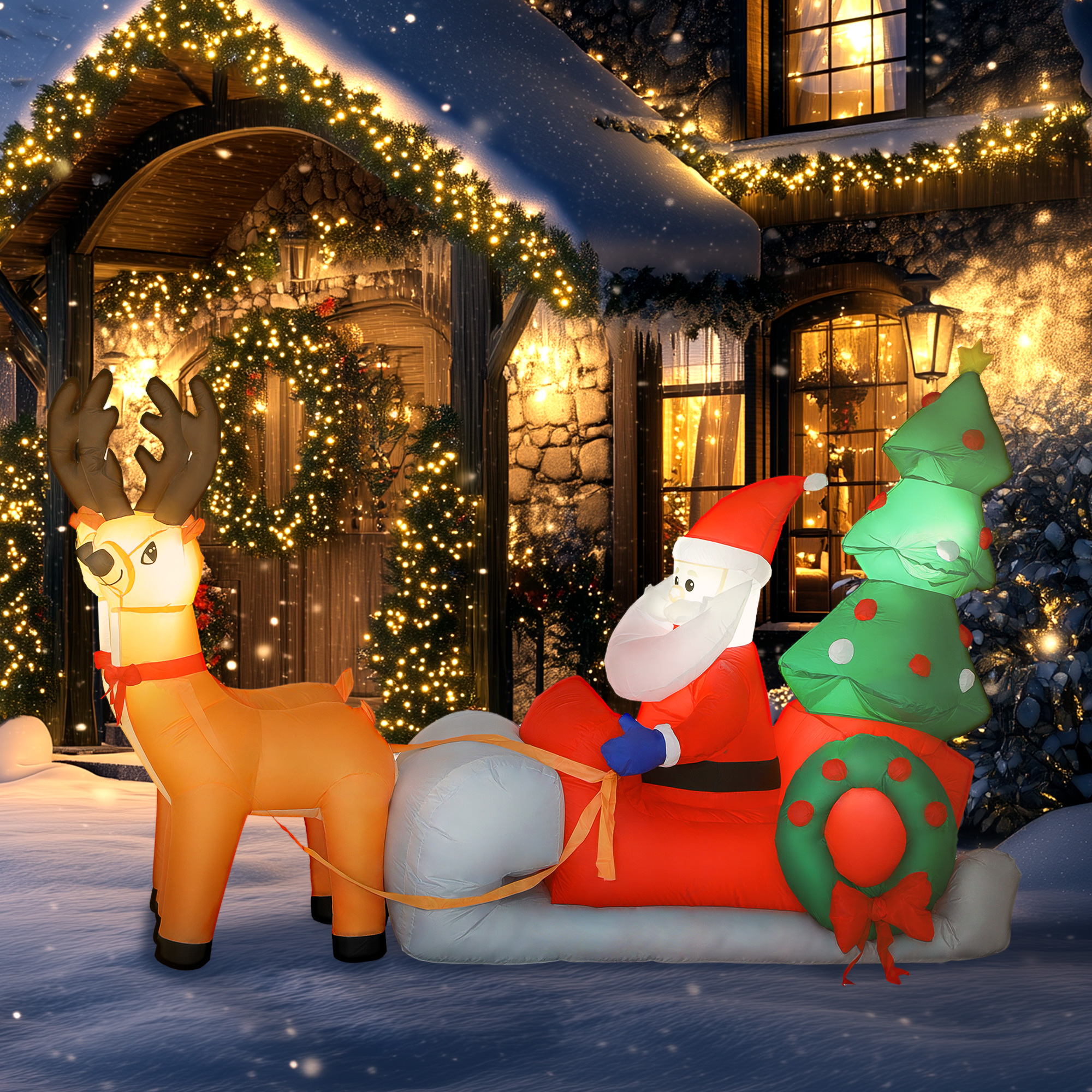 Aufblasbare Weihnachtsdekoration, Weihnachtsmann in Rentierschlitten, Polyesterstoff, LED-Lichter, Bunt
