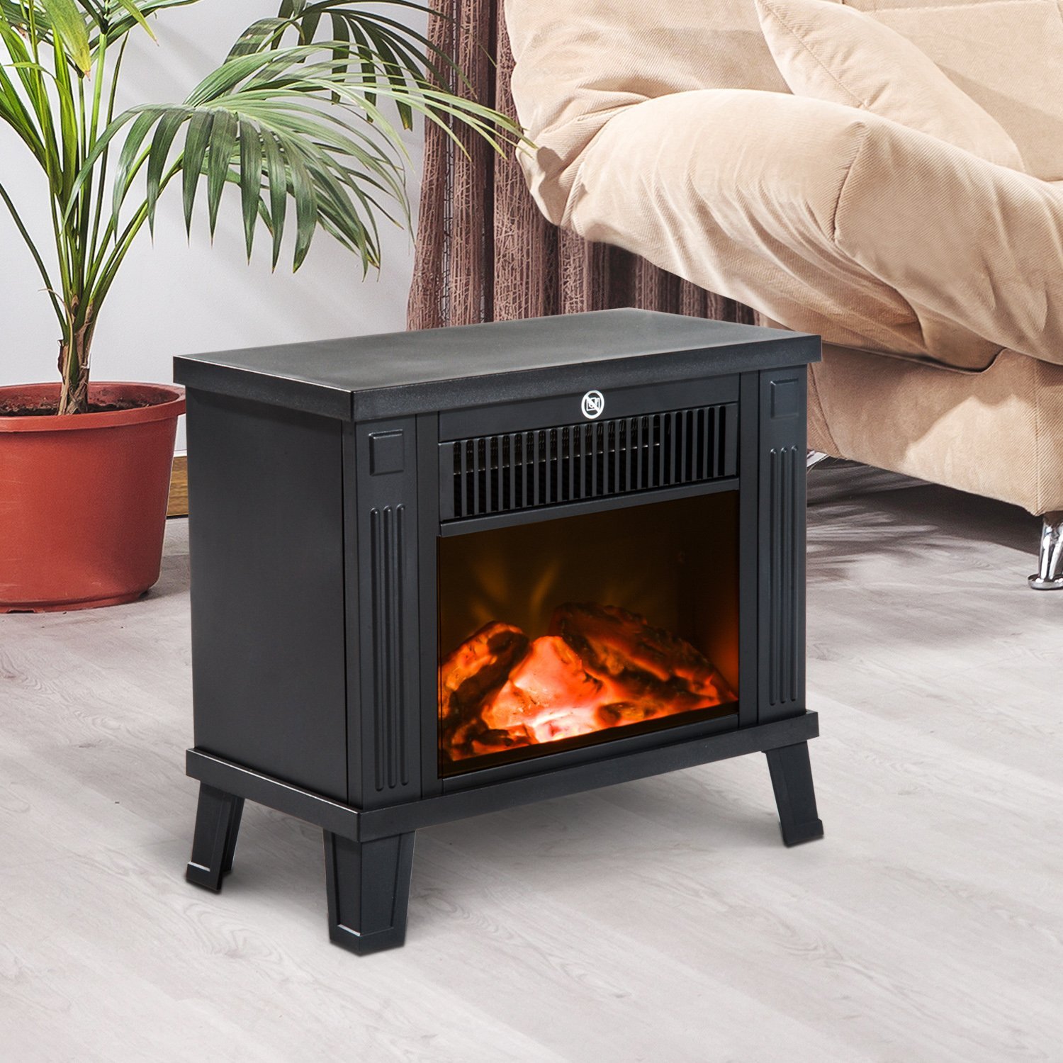 Elektrokamin Elektrischer Kamin Kaminofen Standkamin mit Flammeneffekt 600/1200W, Metall, Schwarz, 34x17x31 cm