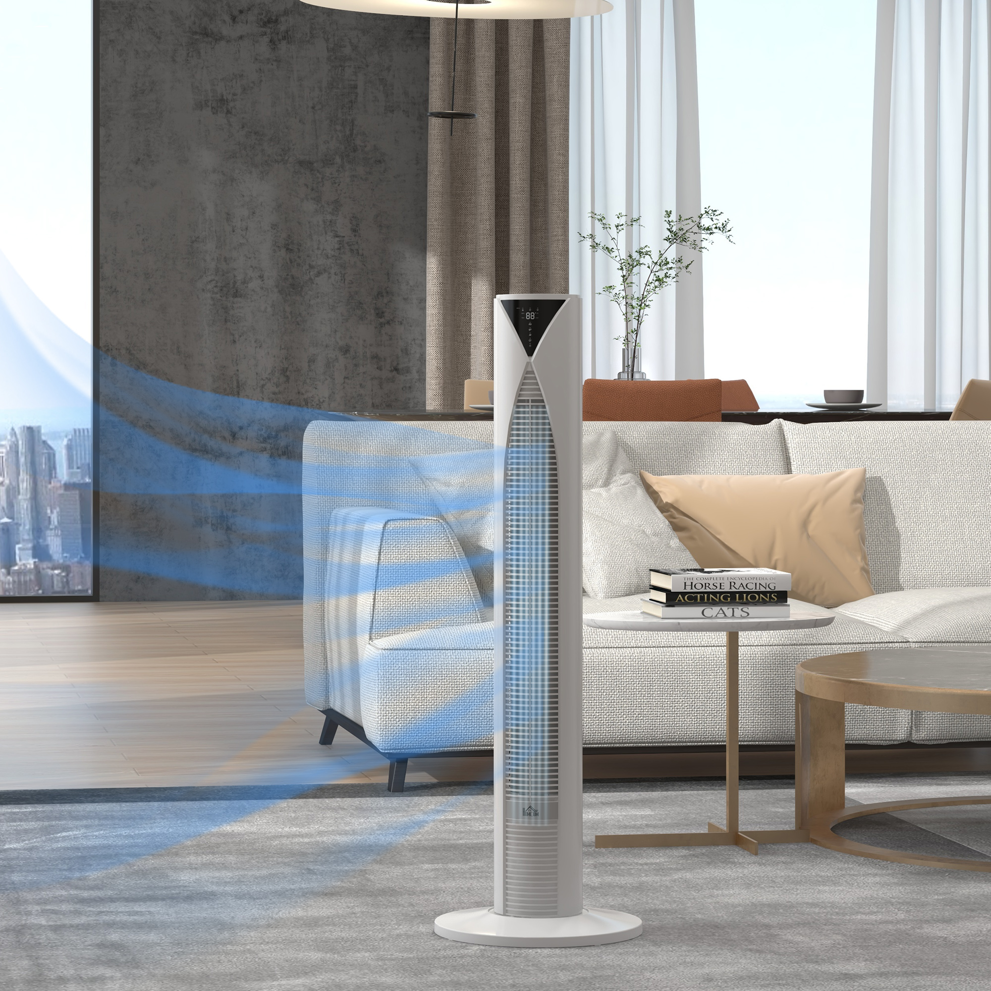 70° oszillierender Turmventilator mit Fernbedienung 4 Modi 3 Geschwindigkeiten Timer 31,5 x 31,5 x 96 cm Weiß