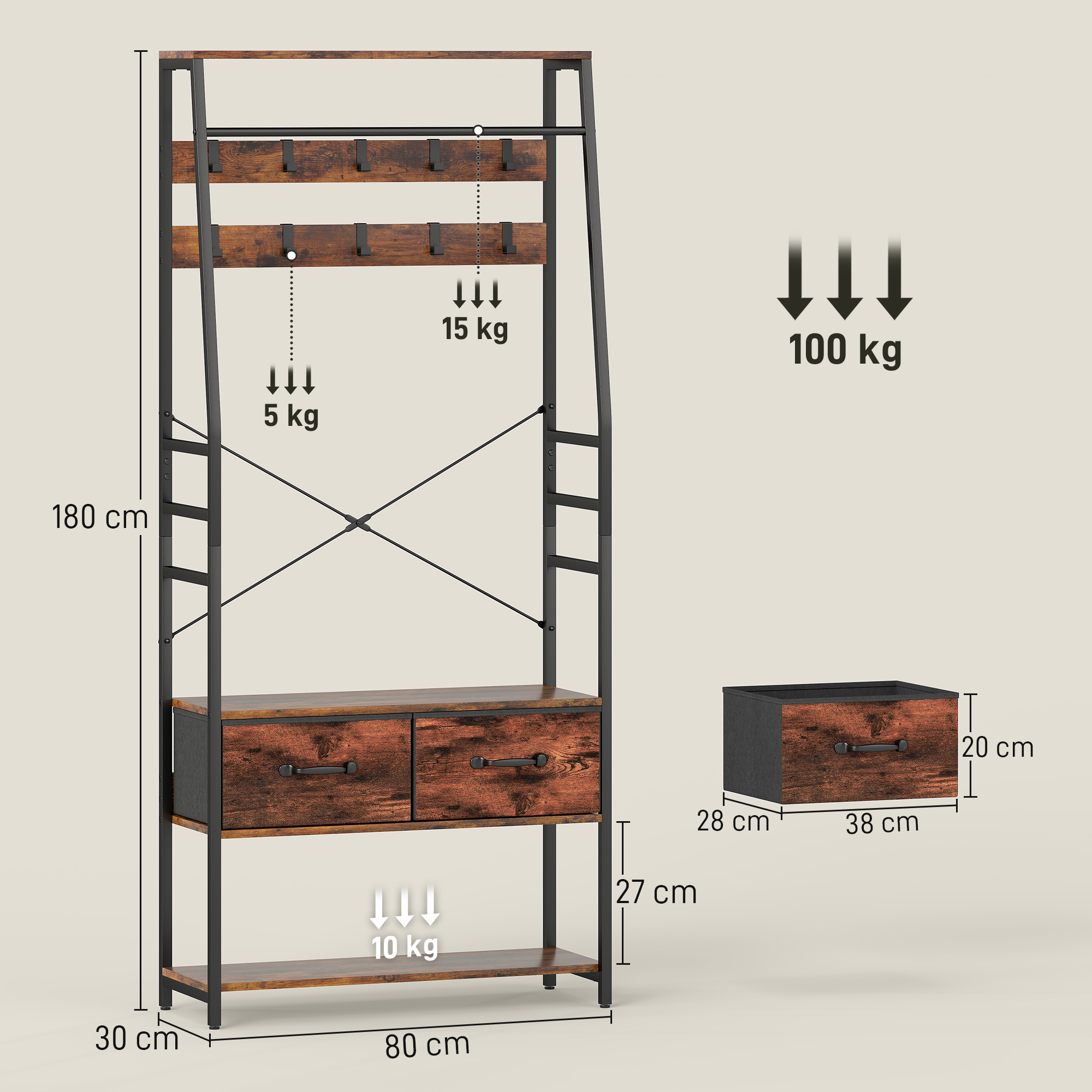 Garderobe mit Schuhregal, Mantelständer mit Sitzbank, 10 Haken, 2 Stoffschubladen, Kleiderstange, Spanplatte, Metall, Braun