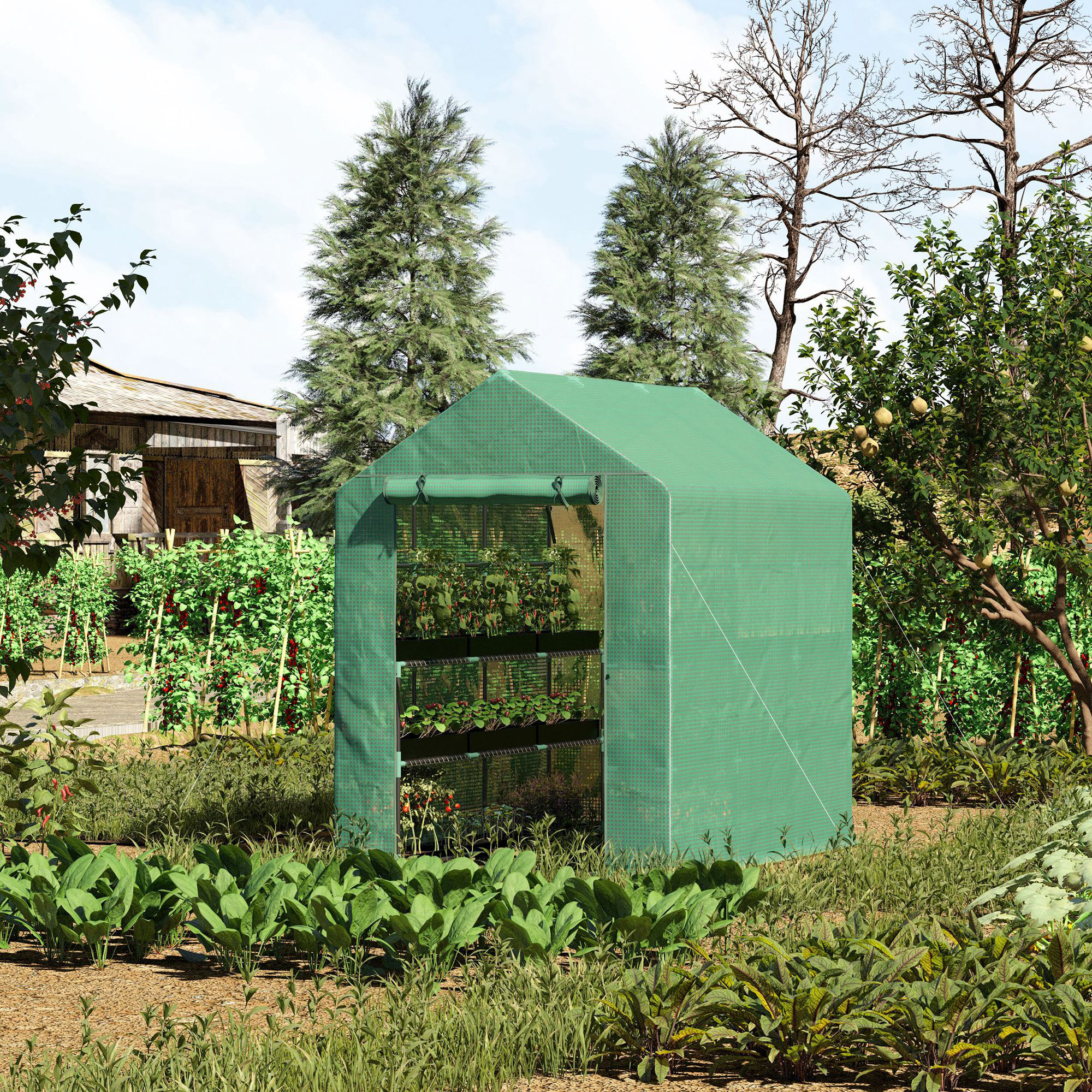Foliengewächshaus begehbares Gewächshaus mit 8 Regalebenen Tomatengewächshaus Treibhaus Frühbeet mit Tür Grün Stahl PE-Kunststoff 214 x 143 x 195 cm