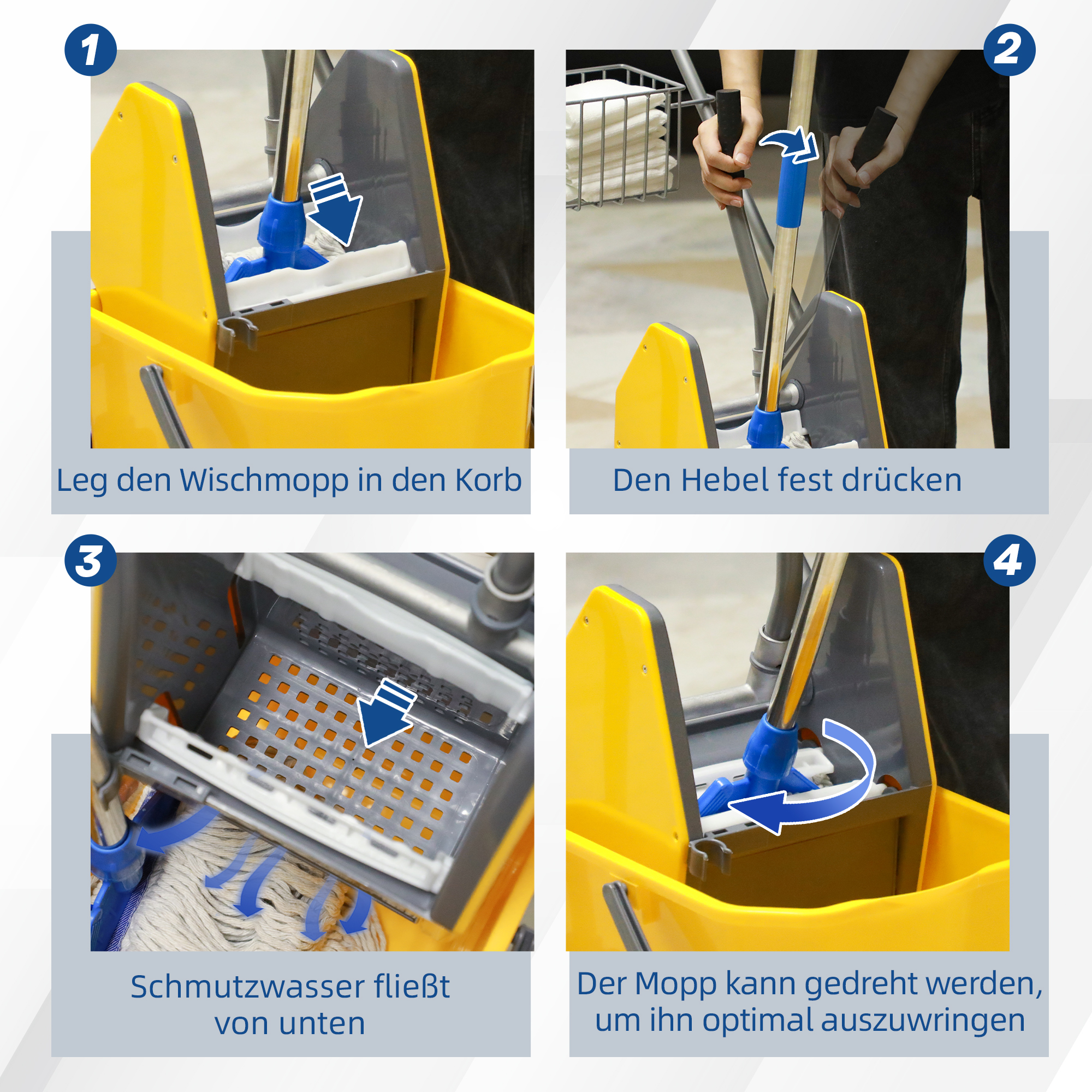 Reinigungseimer, Wischmoppeimer, rollbar, Kunststoff, Metallgriff, Gelb