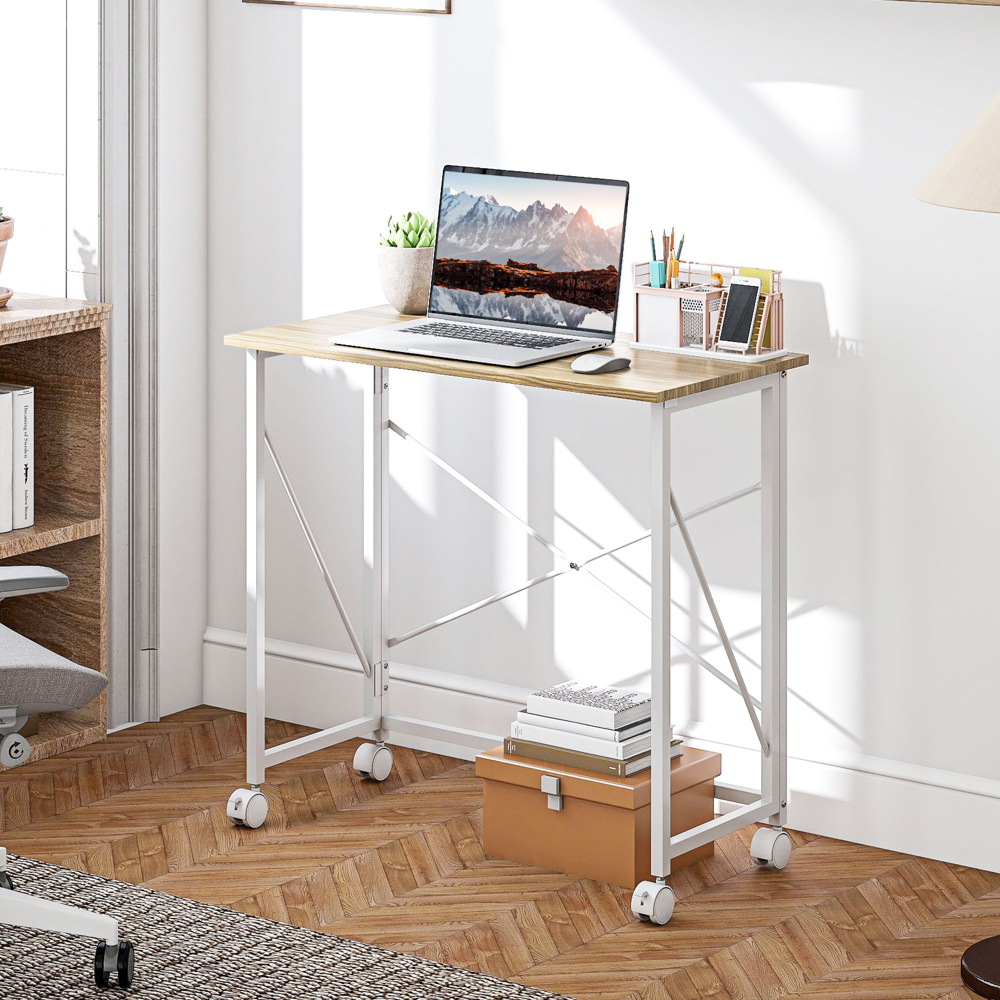 Klappbarer Schreibtisch mit Rädern, platzsparend, Stahl, MDF, Natur
