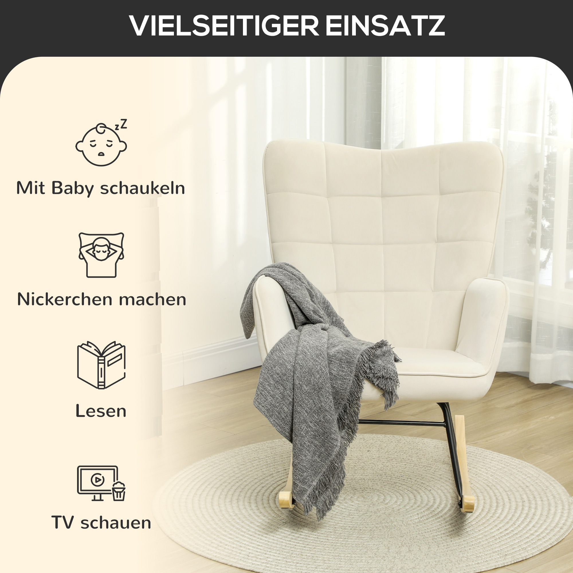 Schaukelstuhl, dicke Polsterung, breite Rückenlehne, Buchenholz/Stahlrahmen, bis 120 kg, Beige