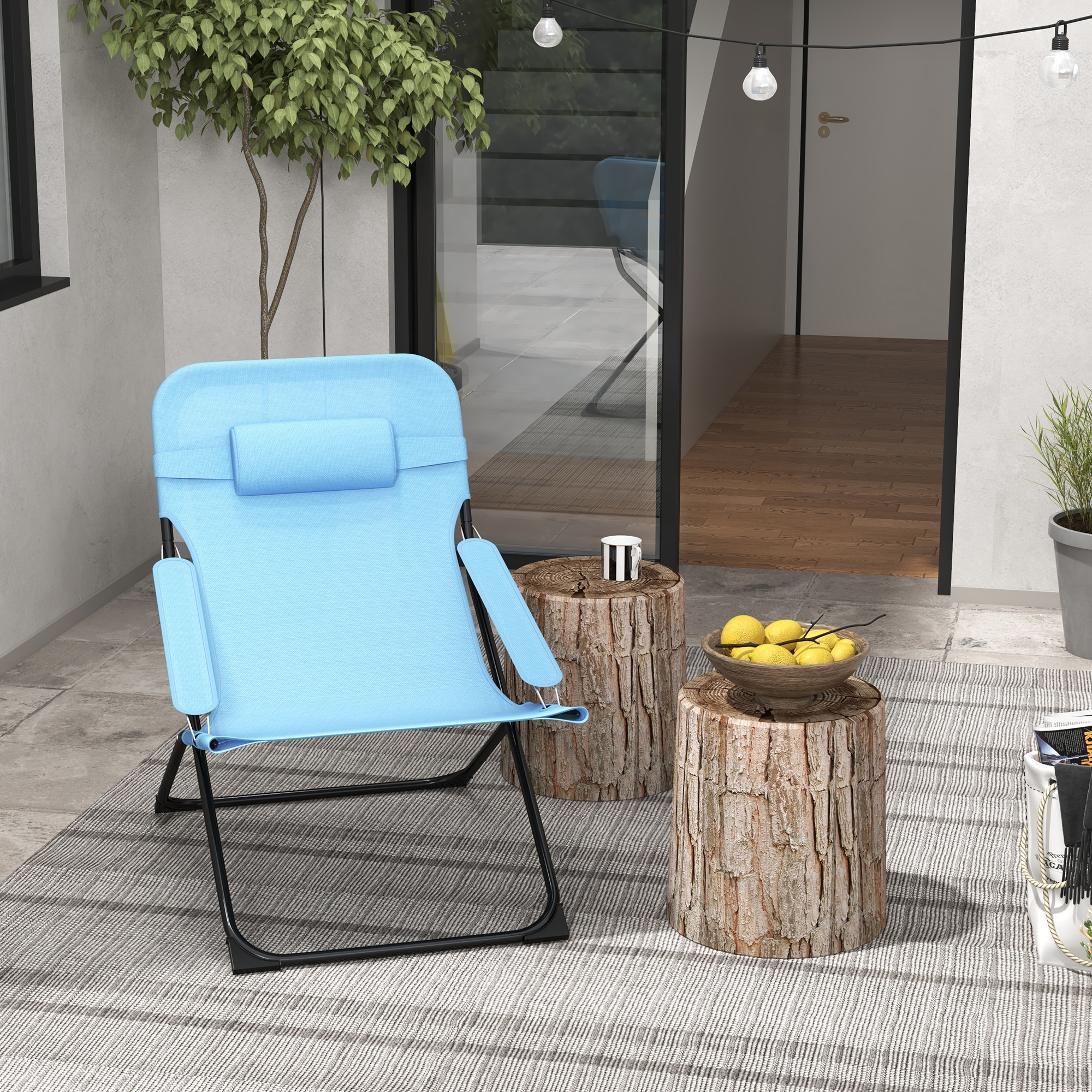 Klappstuhl, 4-stufig verstellbar, atmungsaktiv, Metallgestell, 69 x 91 x 96 cm, Schwarz/Blau