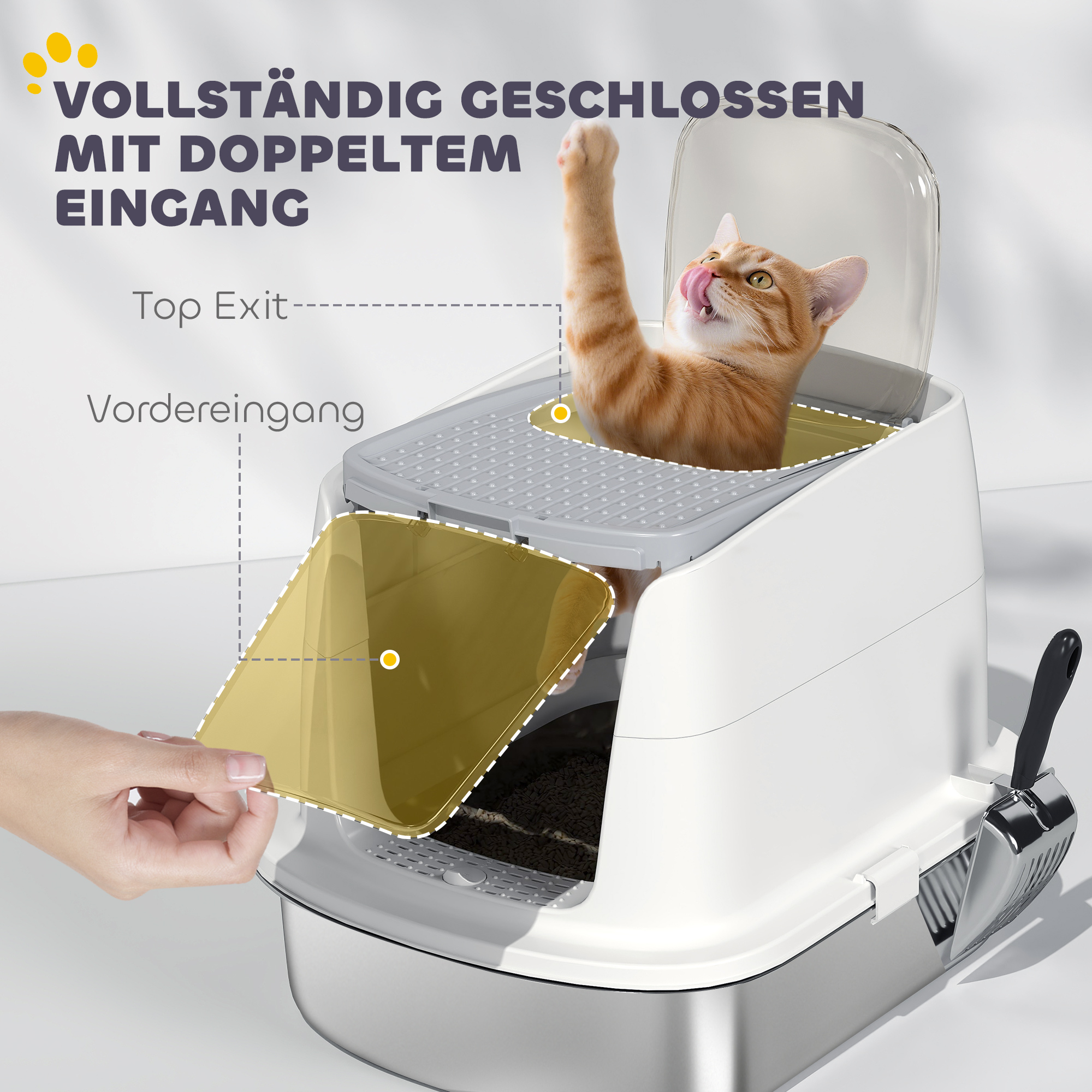 Katzentoilette Edelstahl, geschlossene Katzentoilette mit Schaufel, Geruchsbeutel, Einstieg Ausgang