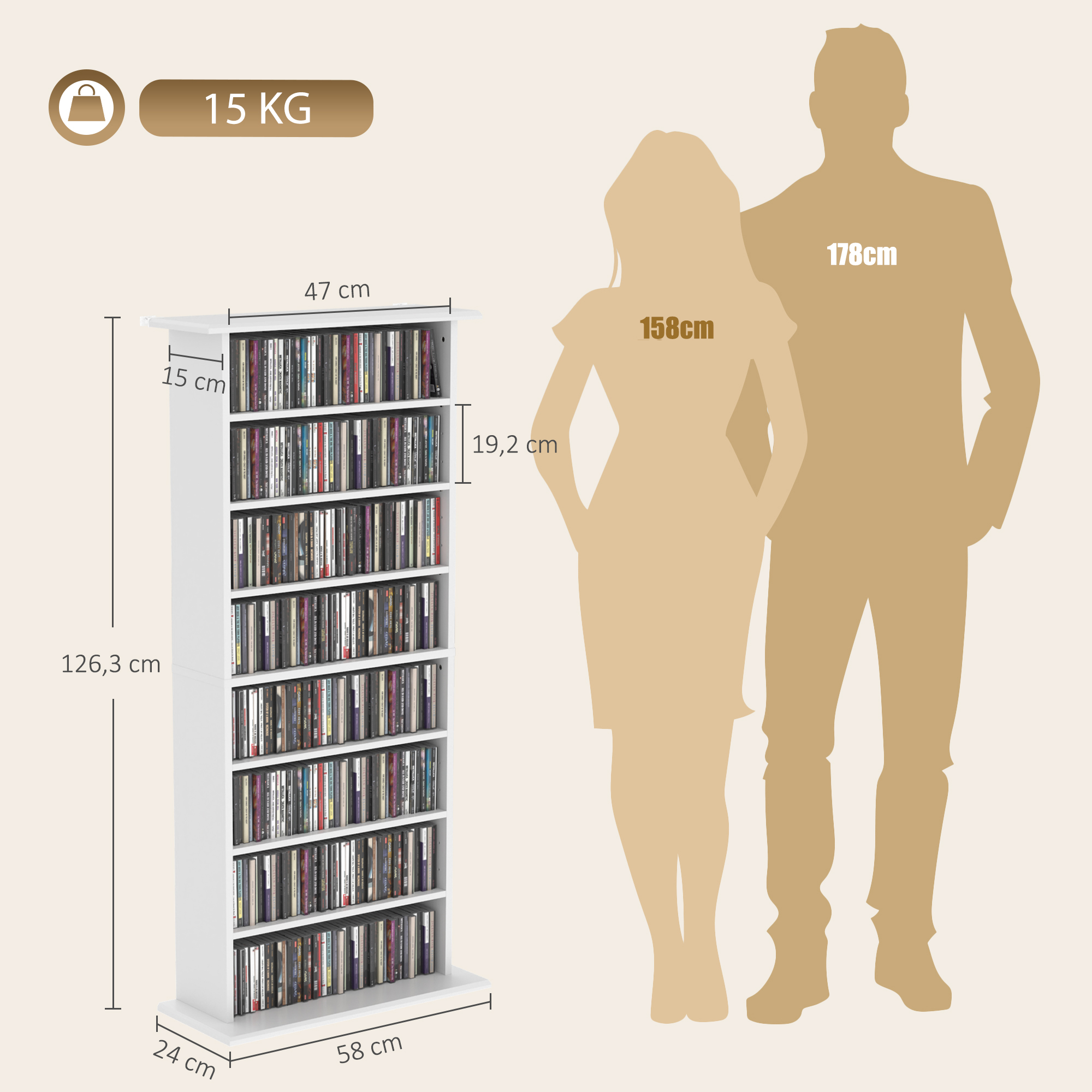 Schmaler Medienschrank, 8 Ebenen, 6 verstellbare Einlegeböden, 8 Fächer, für 360 CDs, Weiß