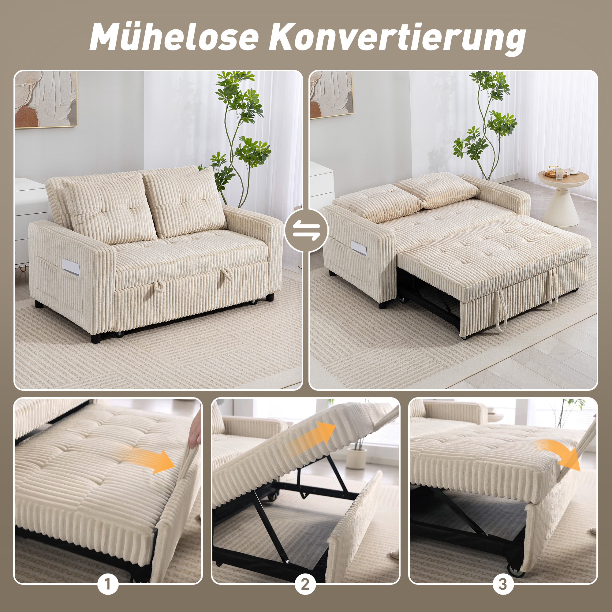 2-Sitzer Sofabett, Cordbezug, zum Schlafsofa umwandelbar, 2 Kissen, Seitentaschen, 157 x 190 cm, Cremeweiß