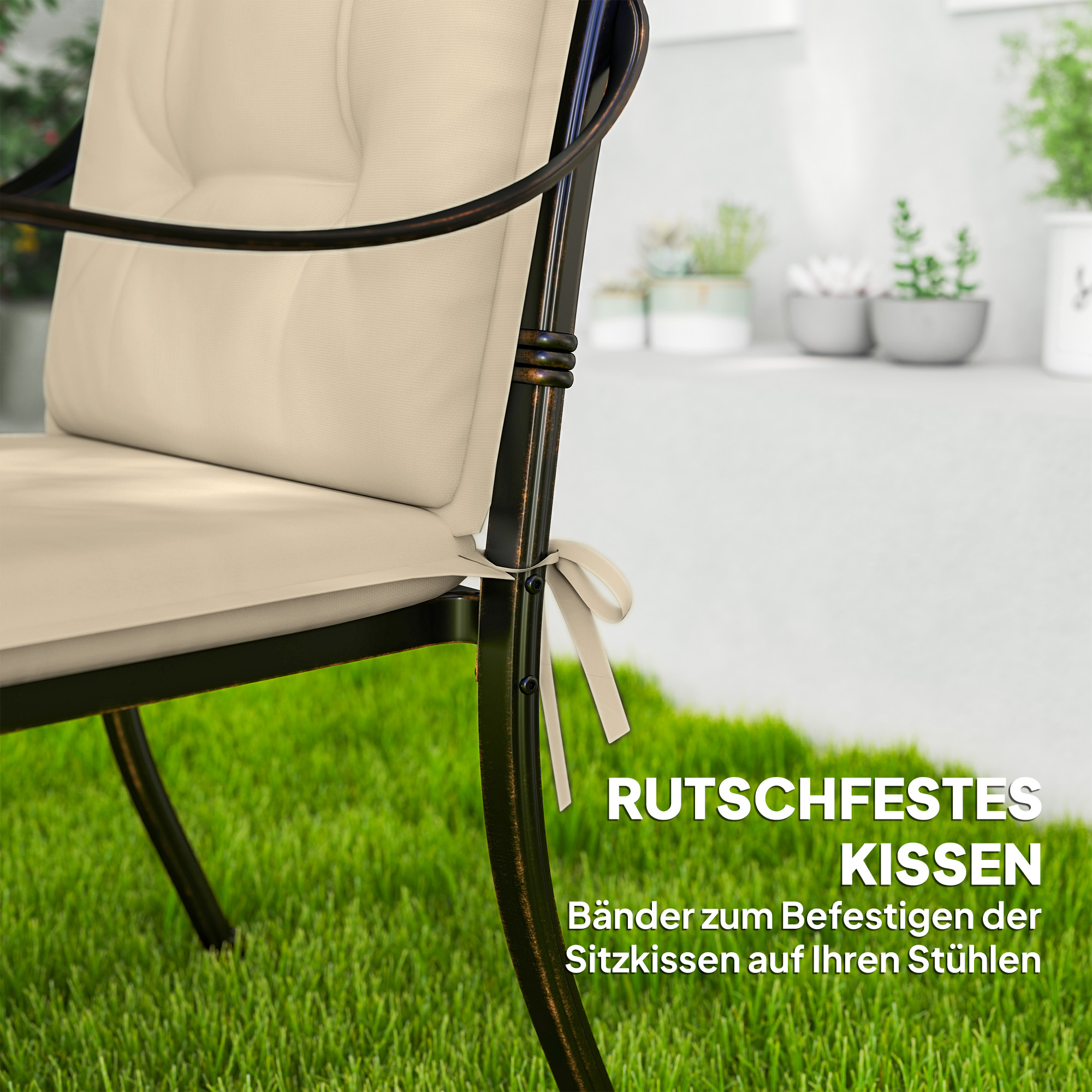 4er Set Sitzkissen 108 x 50 x 5 cm Stuhlkissen mit Bändern, Outdoor Indoor Sitzauflage Beige