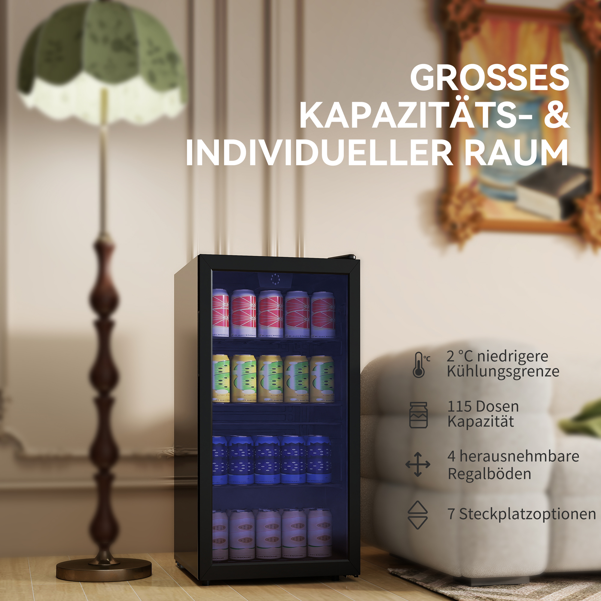 Mini Kühlschrank 93L Kühlbox mit Glastür, verstellbaren Regalen, LED, Temperaturregelung, 47,2 x 43,7 x 83,3 cm Schwarz