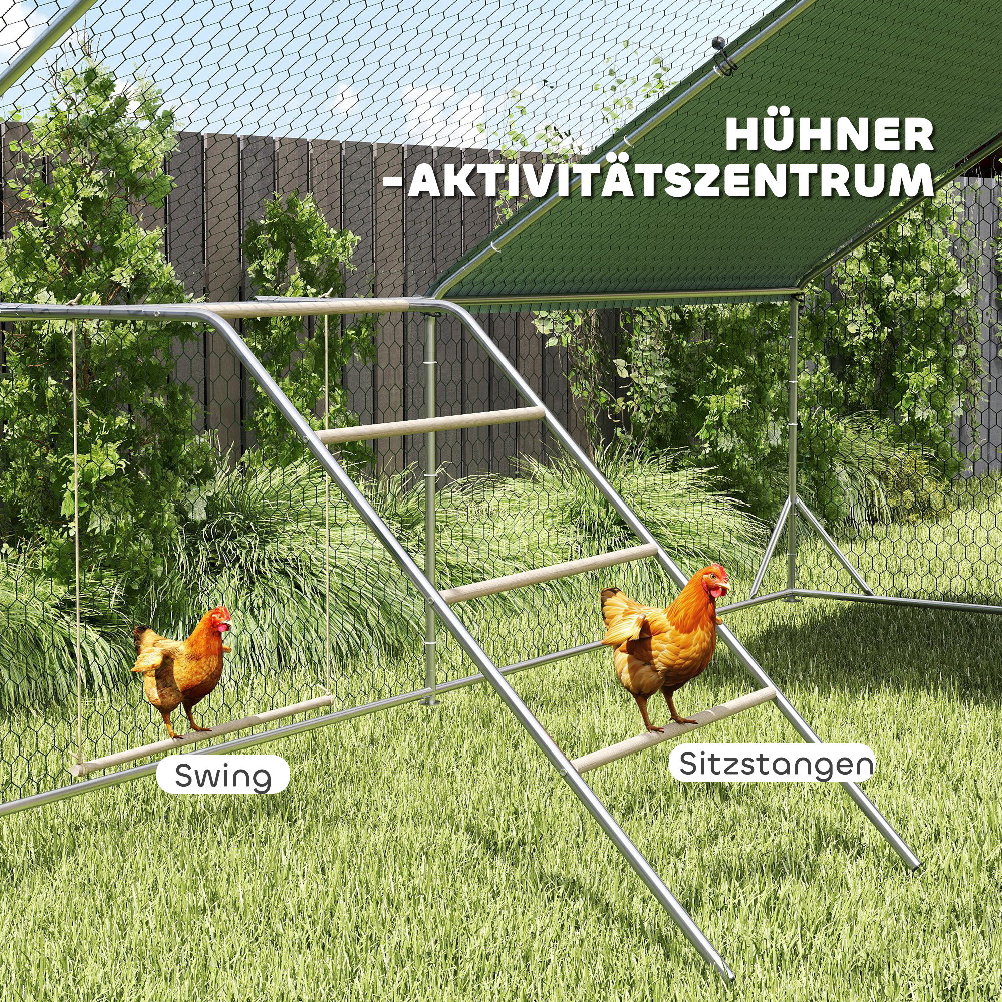 Hühner Spielgerüst aus Holz, Spielplatz für Hühnern mit Hühnerstangen, verstellbar Schaukel, 82 x 150 x 110 cm Silber