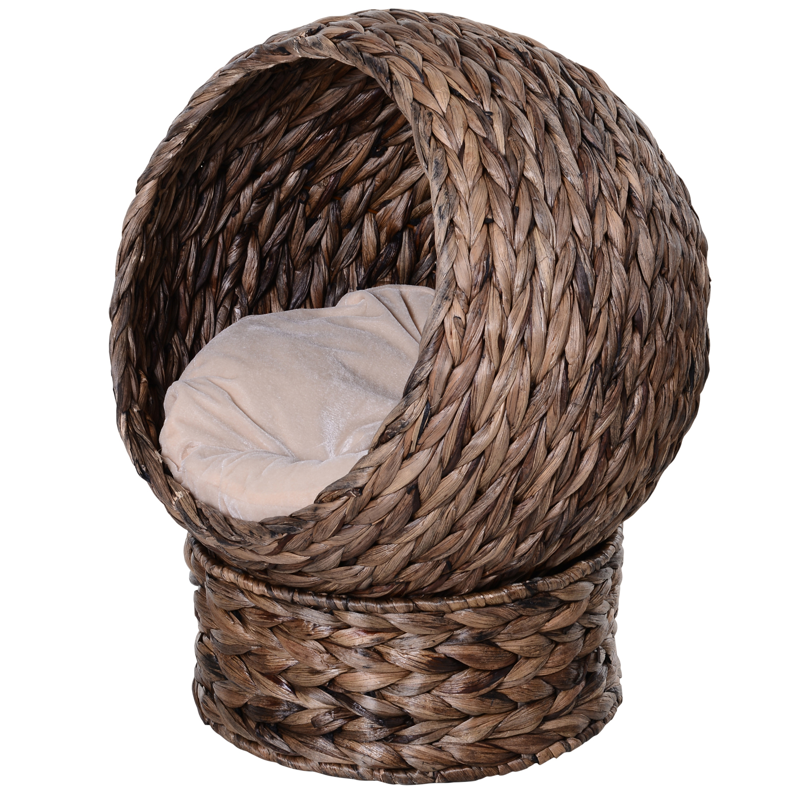 Katzenkorb aus Wasserhyazinthe inkl. Kissen, Katzenbett, Haustierbett,50 cm x 42 cm x 60 cm, Braun + Beige