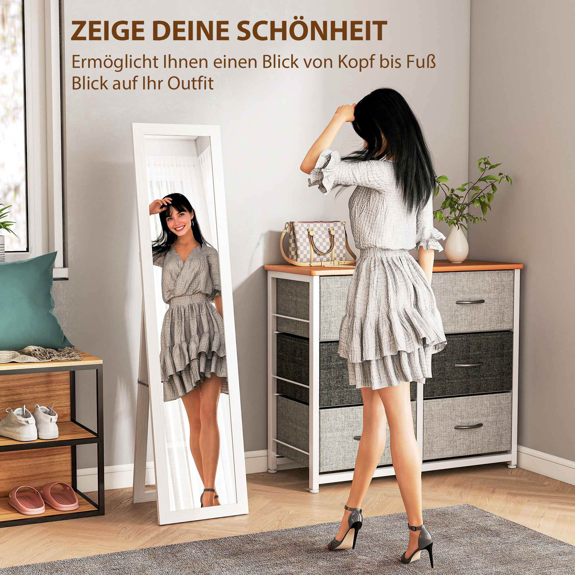 Standspiegel, Ganzkörperspiegel mit Ständer, freistehender Wandspiegel, 37 x 157 cm, Weiß