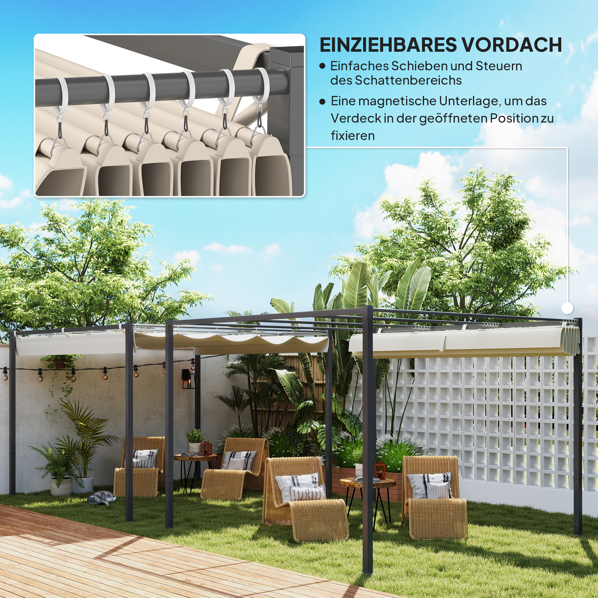 3 x 3 m Garten-Pergola mit einziehbarem Dach, Pavillon, Baldachin für Schatten, UPF30+, Beige