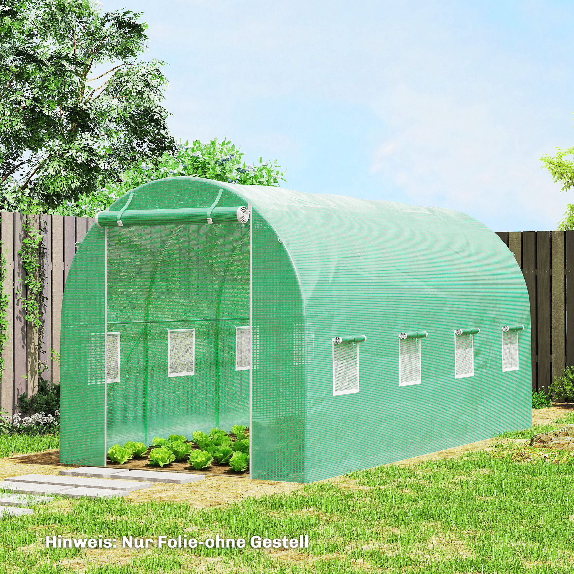 Gewächshausfolie 4 x 2 m, wasserdicht Gartenfolie mit Tür, 8 Fenster, UV Schutz, Reißfest Polyethylen NUR Folie Grün