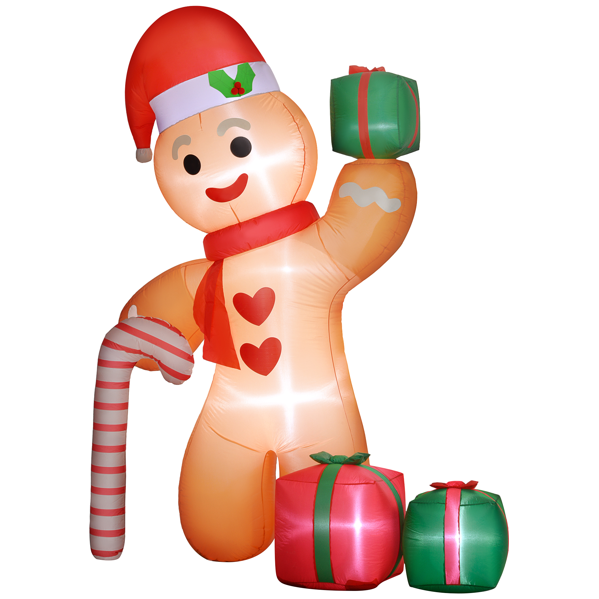 Lebkuchenmann mit Zuckerstange, 2,45 m groß, aufblasbar, weiße LED-Beleuchtung, 170 x 100 x 245 cm