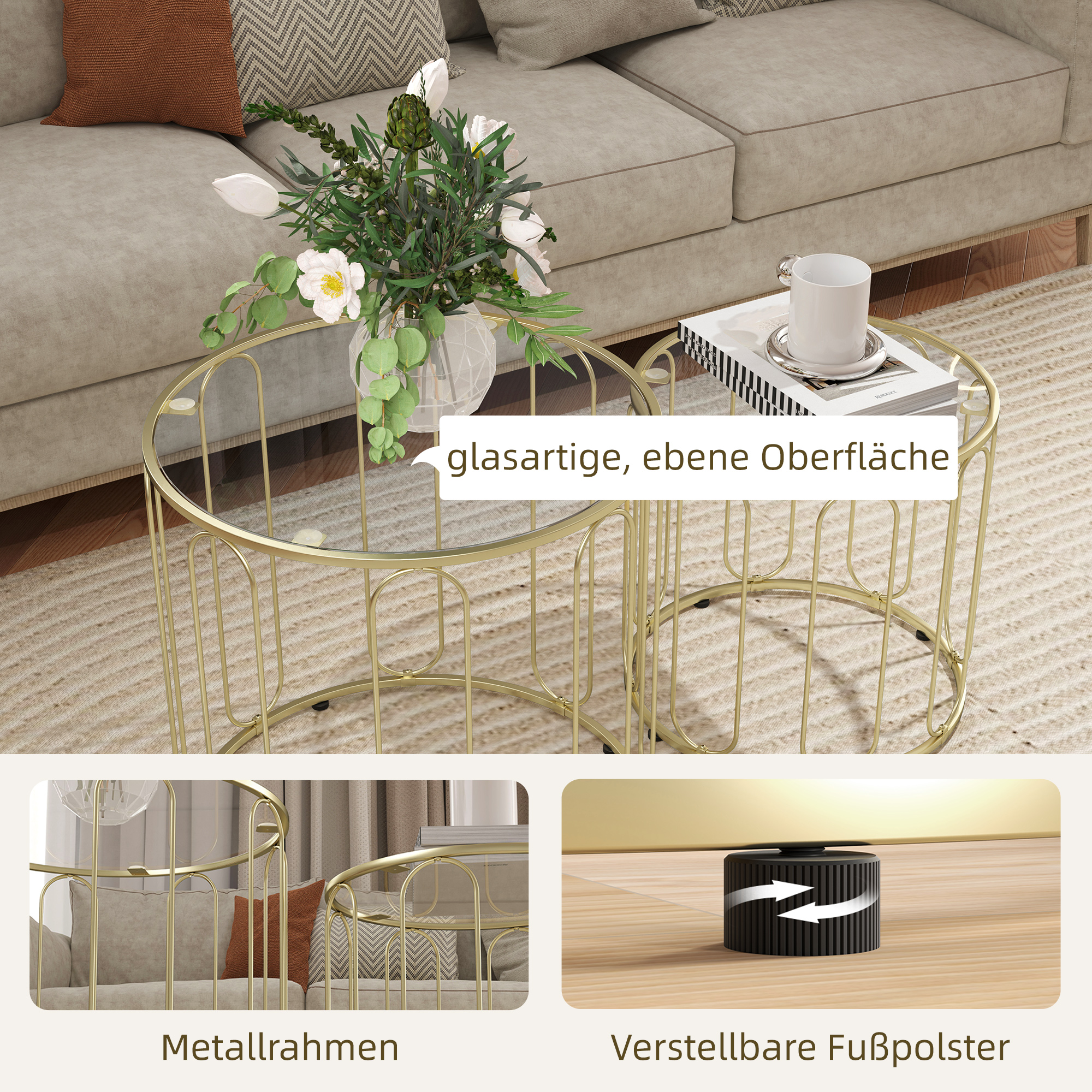 2er-Set Glastische, ineinander verschiebbar, Glasplatten, Metallgestell, Goldfarben