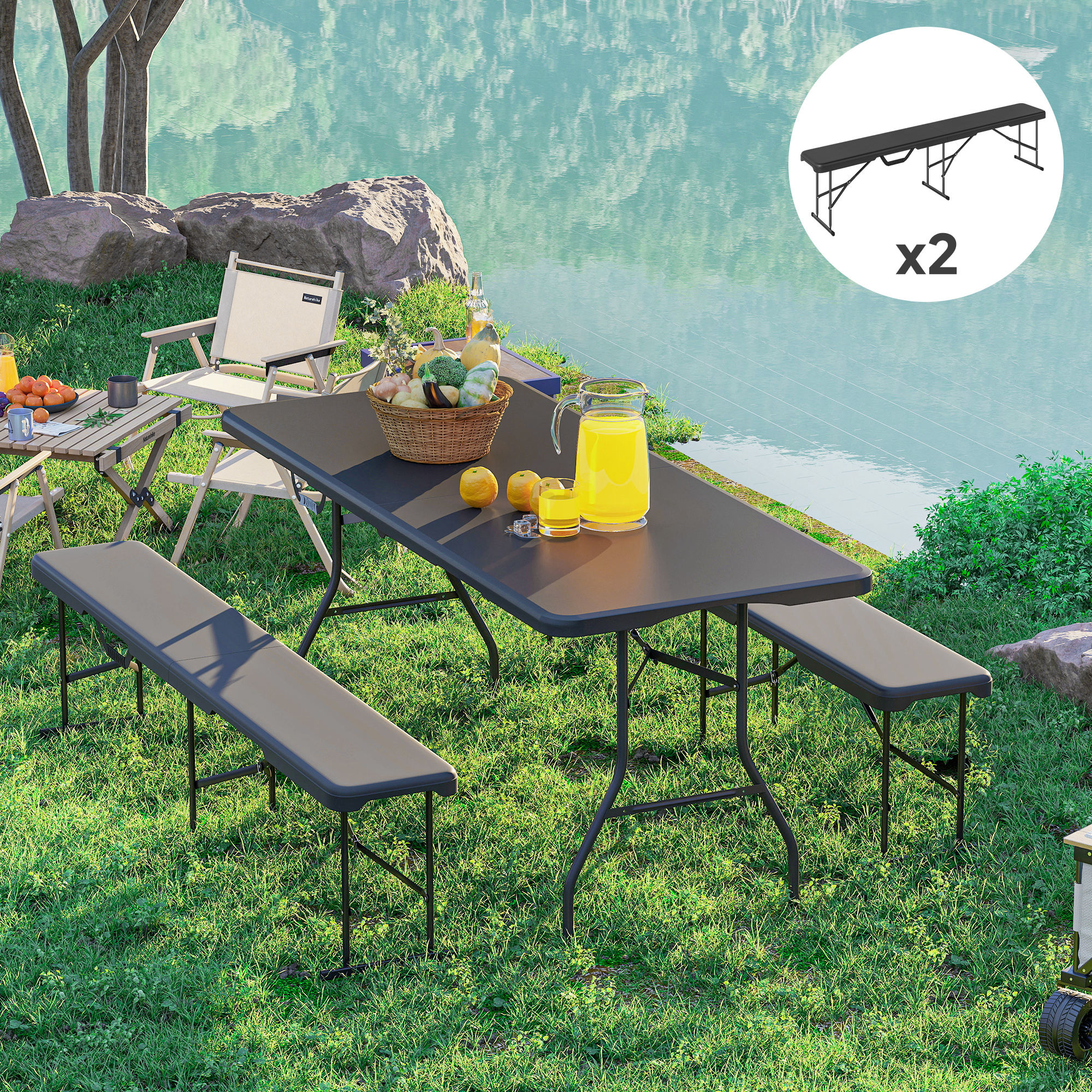 Campingbank, Kunststoff-Outdoor-Bank, 240 kg Belastbarkeit, Schwarz