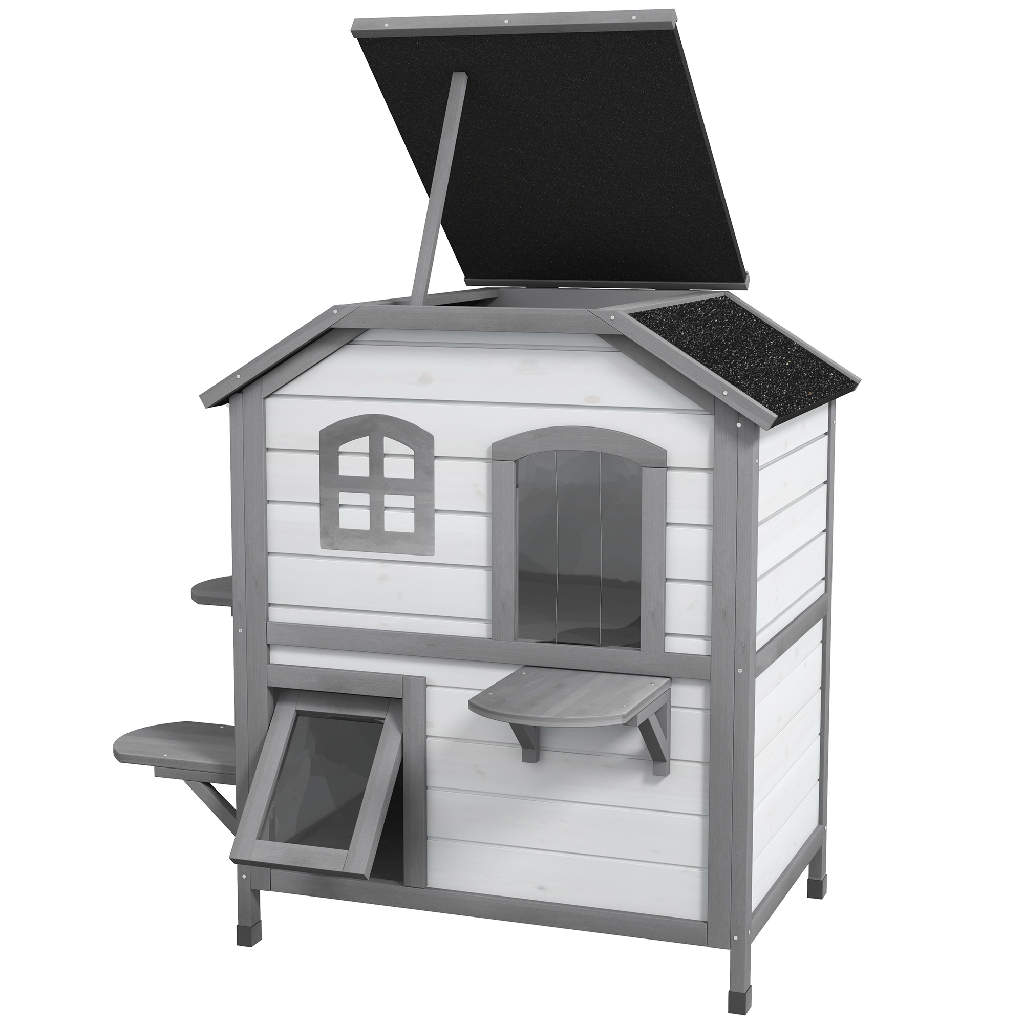 Katzenhaus Katzenhütte Katzenhöhle, 2 Stockwerke, wetterbeständig, 99,5 cm x 76 cm x 91 cm, Weiß + Grau