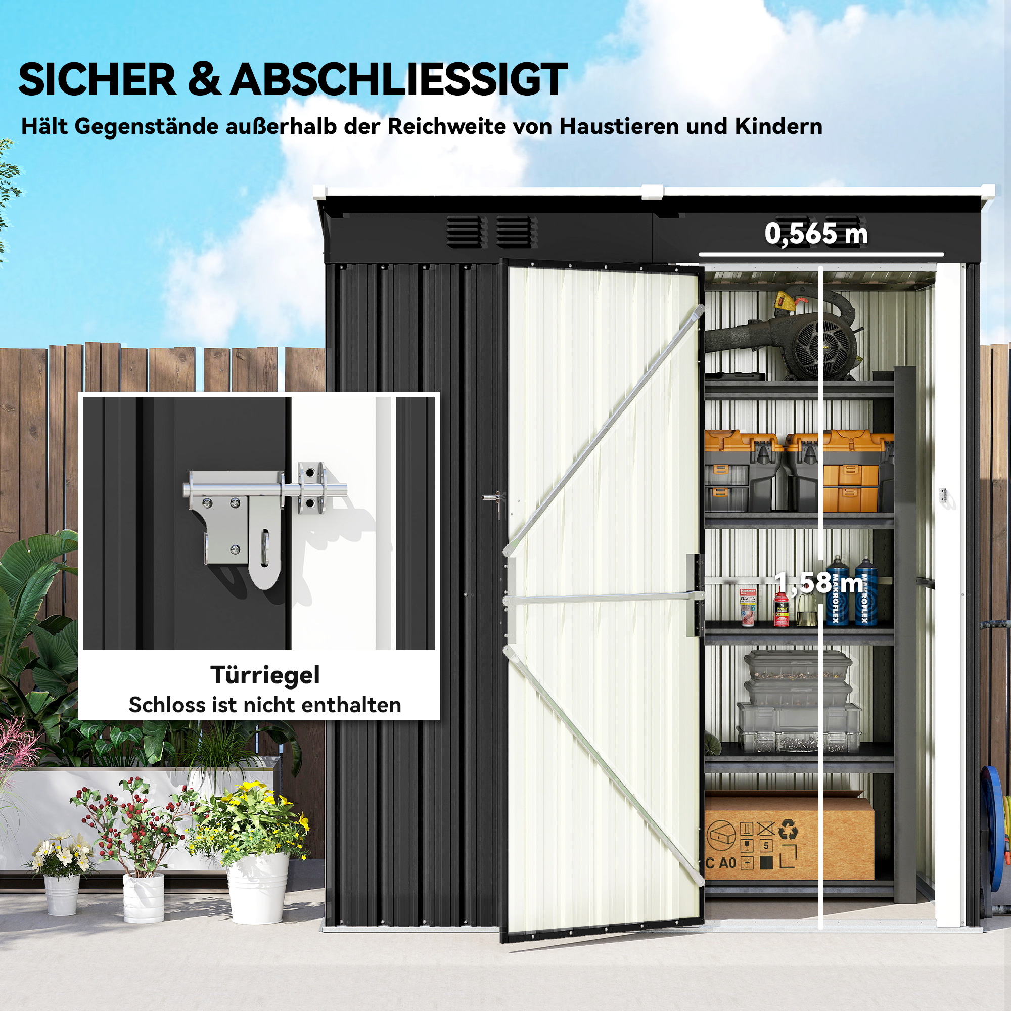 Metall Gerätehaus 1,37 m², abschließbar Geräteschuppen mit Lüftung Pultdach Handschuhen, 163 x 90 x 179 cm