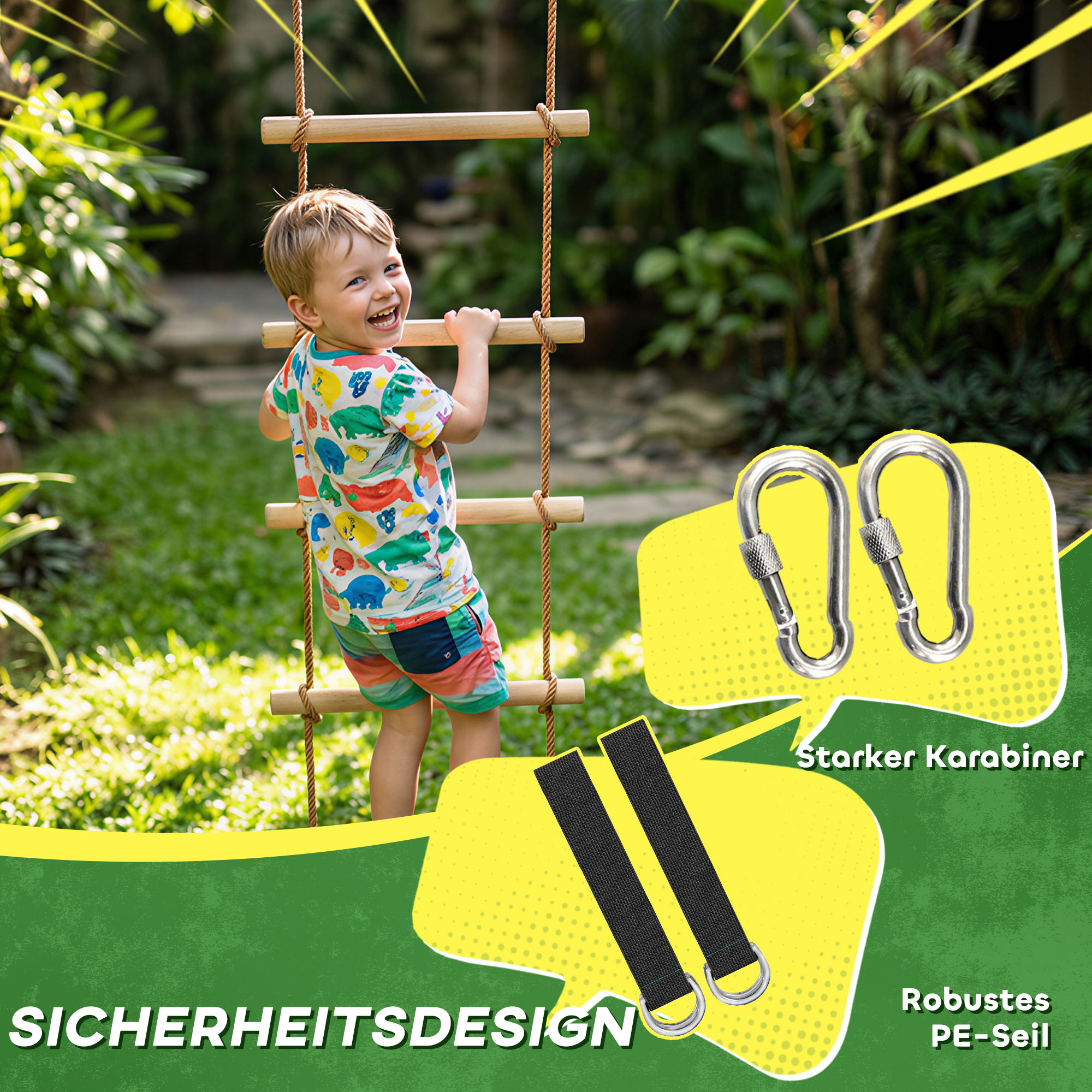 Strickleiter für Kinder 5-stufige Kletterleiter mit 2 Karabinern 2 Baumgurten für 3-8 Jahre 40 x 3,5 x 180 cm Naturholz