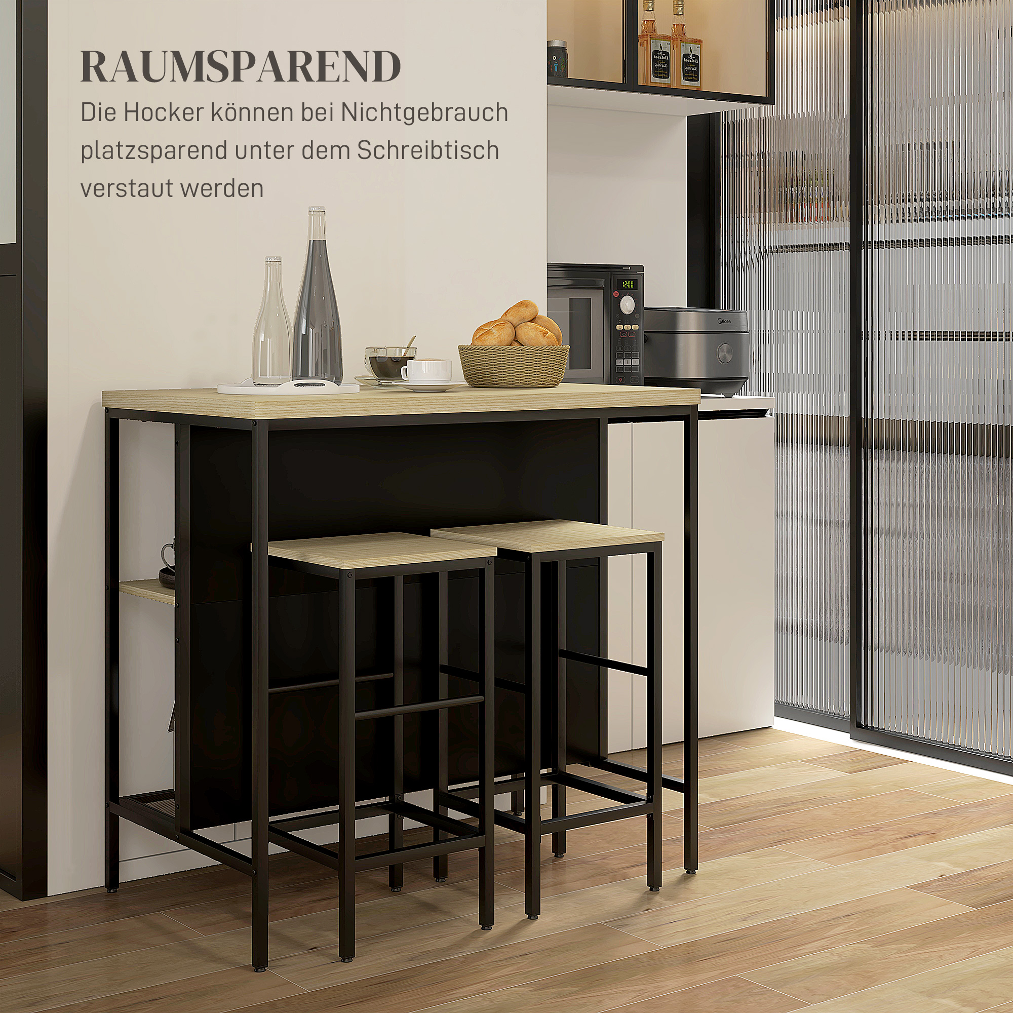Bar-Set, 2 Barstühle & 1 Bartisch, fleckenresistent, stabil, Stahlrahmen, Schwarz/Eiche
