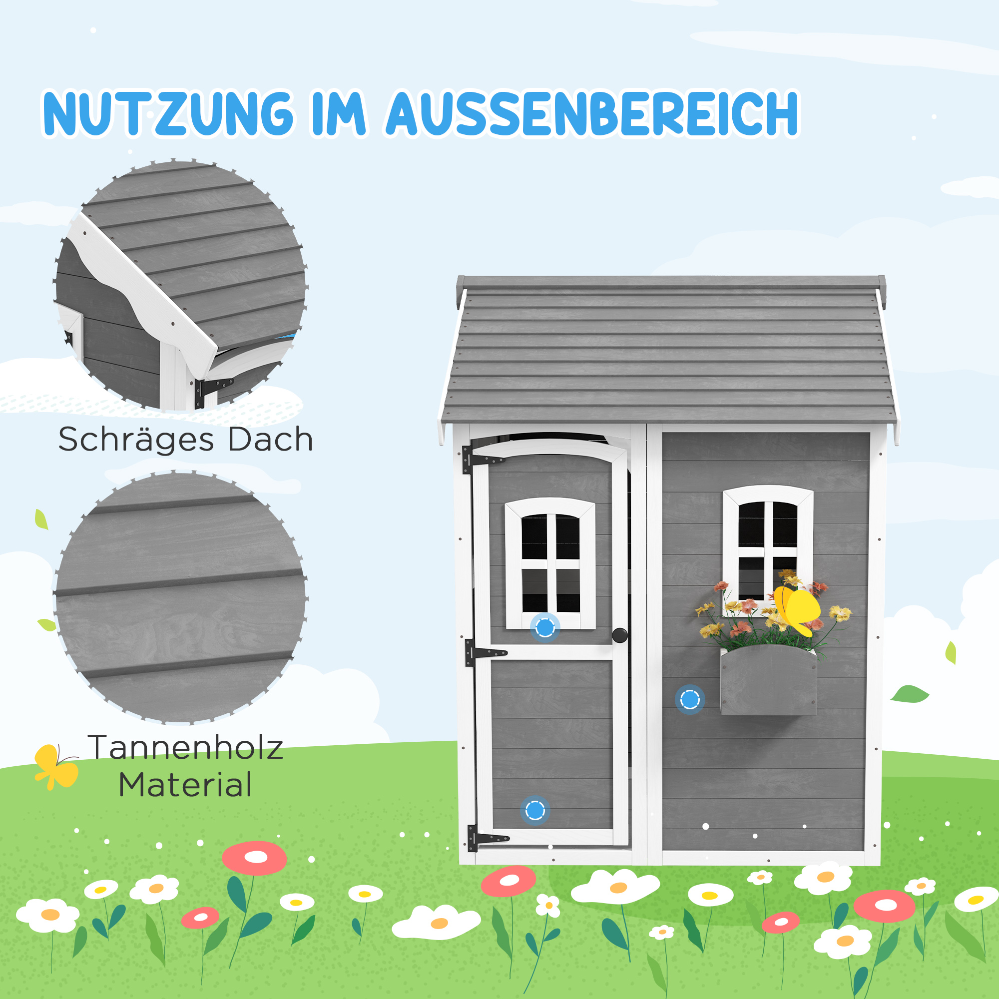 Spielhaus für Kinder, Indoor- und Outdoor-Haus mit Tür, Fenstern und Pflanzkasten, Tannenholz, Grau