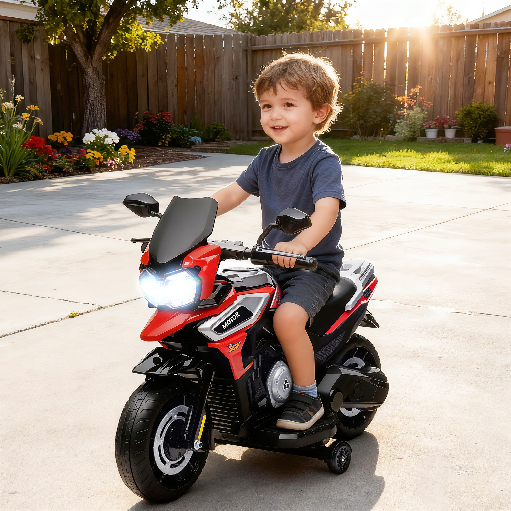 Elektro-Motorrad für Kinder von 18-36 Monaten, Aufsitz-Fahrzeug, Hilfsräder, Lichter, Musik, Kunststoff, Stahl, Rot
