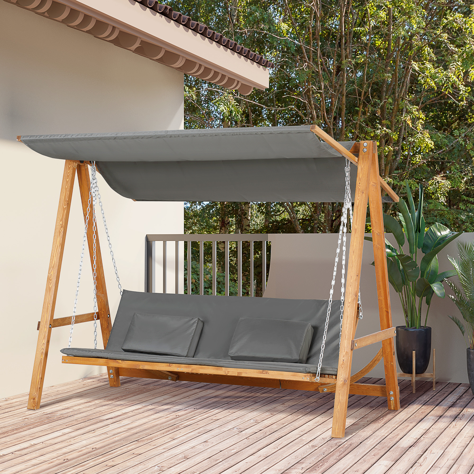 Hollywoodschaukel mit Bettfunktion 3-Sitzer Gartenschaukel Lärche mit verstellbarem Sonnendach 225,5 x 130 x 180 cm