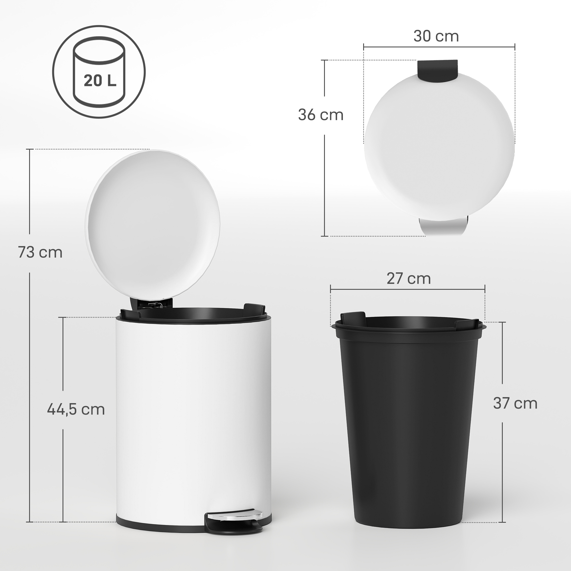 Mülleimer 20L, mit Pedal, Inneneimer, fingerabdrucksicher, leises Schließen, Cremeweiß