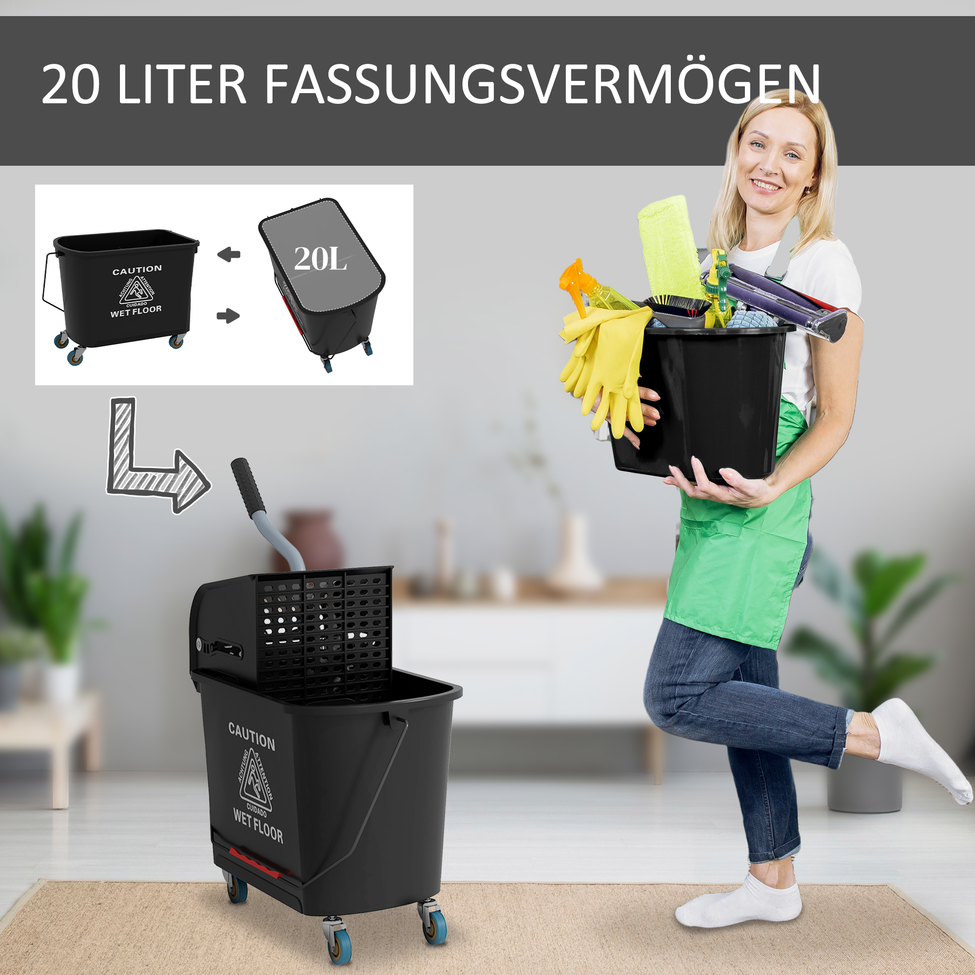 20 L Mopp-Eimer mit Auswringer und Griff, Wischmopp-Eimer auf Rädern, Kunststoff, Schwarz