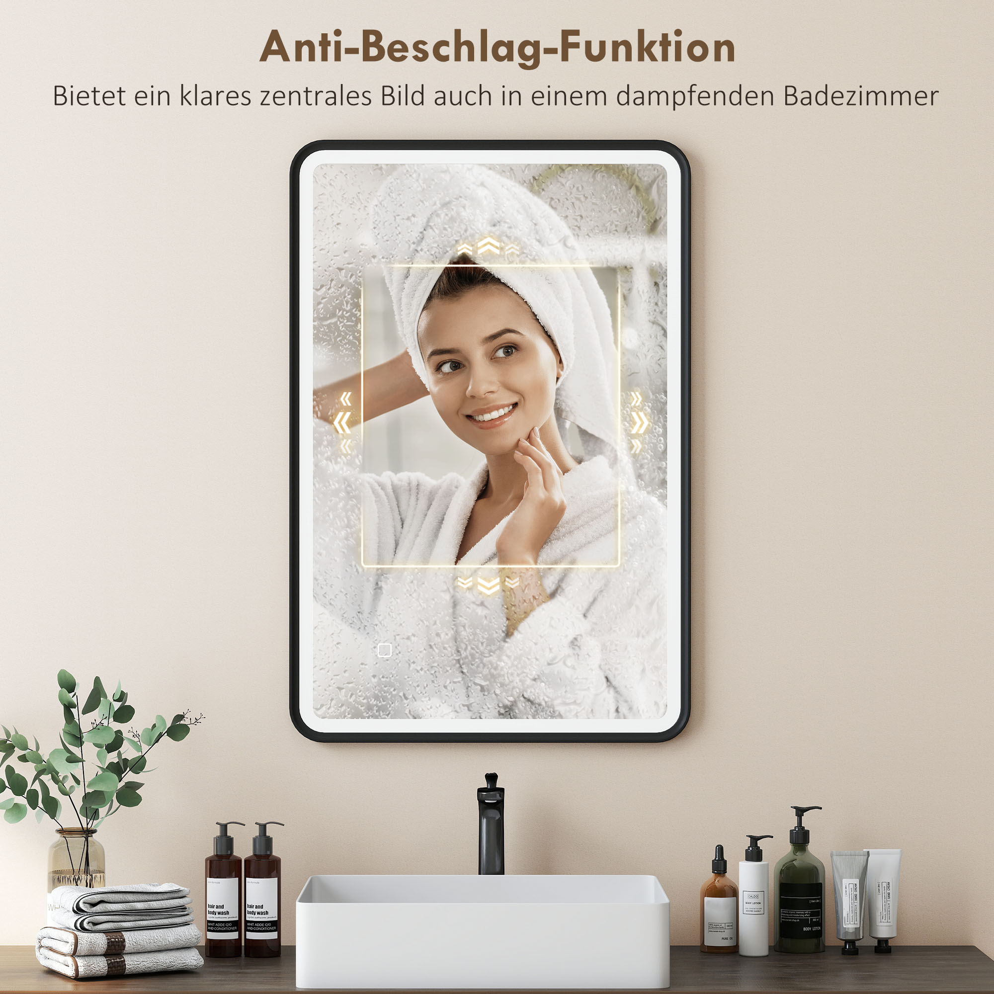 90 x 60 cm LED-Badezimmerspiegel, Lichter, 3 Farben, dimmbar, Memory-Funktion, horizontal und vertikal, Schwarz