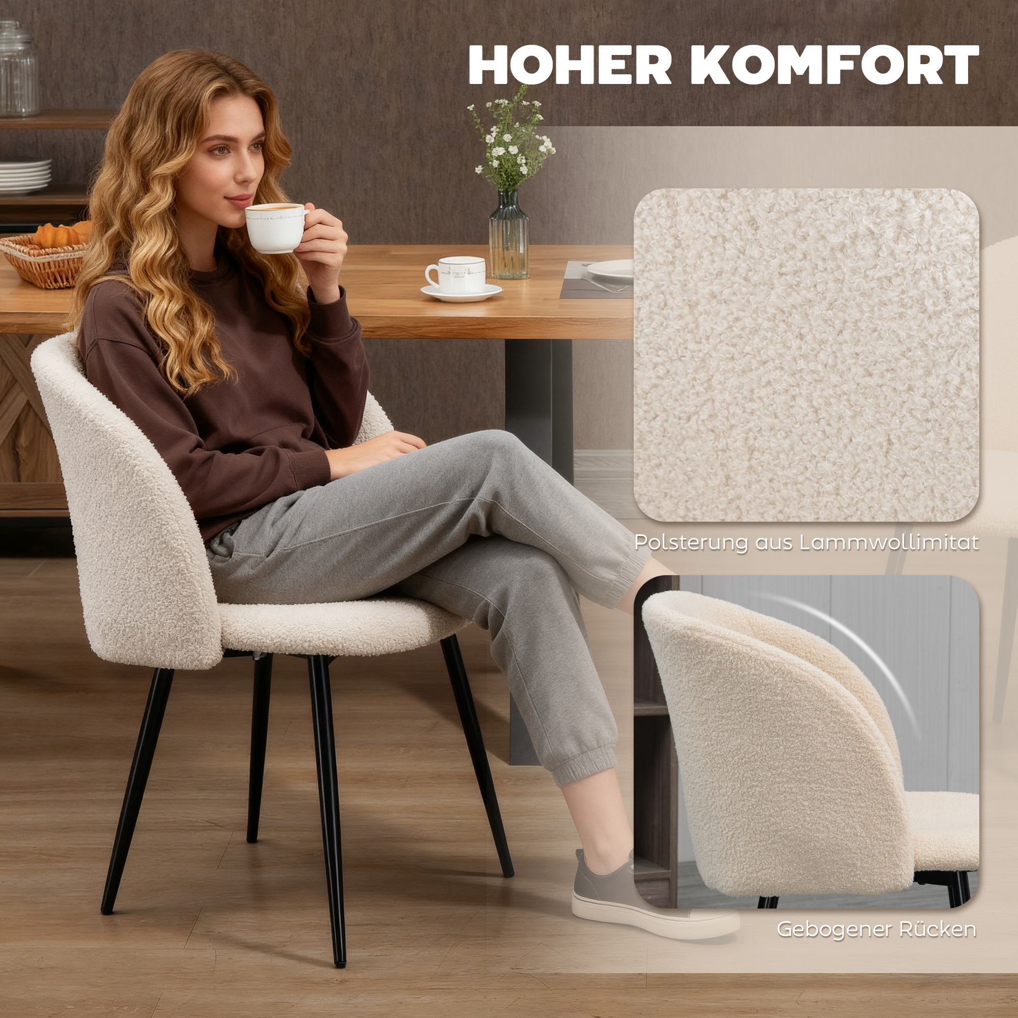2er-Set Esszimmerstühle, Polsterstühle mit Stoffbezug, Küchenstühle mit Stahlbeinen, gewölbte Rückenlehne, Cremeweiß