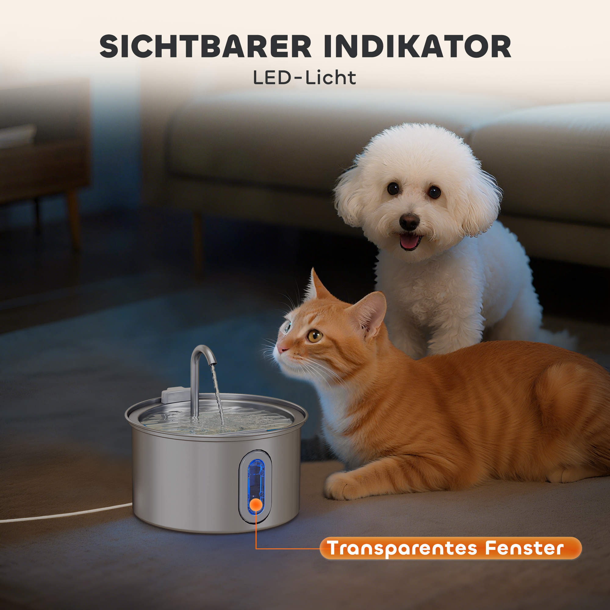 Katzenbrunnen 2,5L Trinkbrunnen für Katzen mit leiser Pumpe LED Aktivkohlefilter 19,4 x 19,4 x 18,7 cm