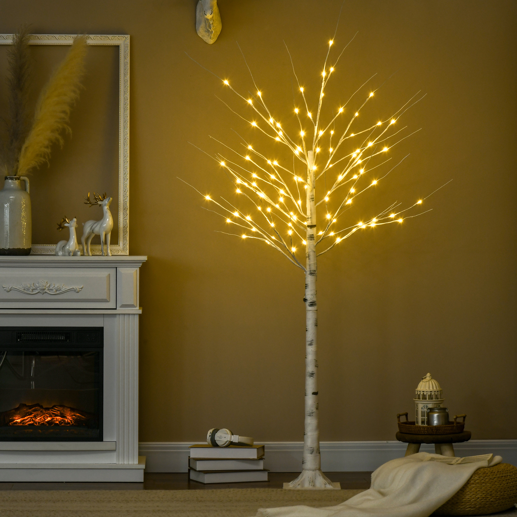 Kunstbaum, Kunstbirke, mit LED-Beleuchtung, warmweiß, realistische, weiße Rinde, 22 x 22 x 180cm