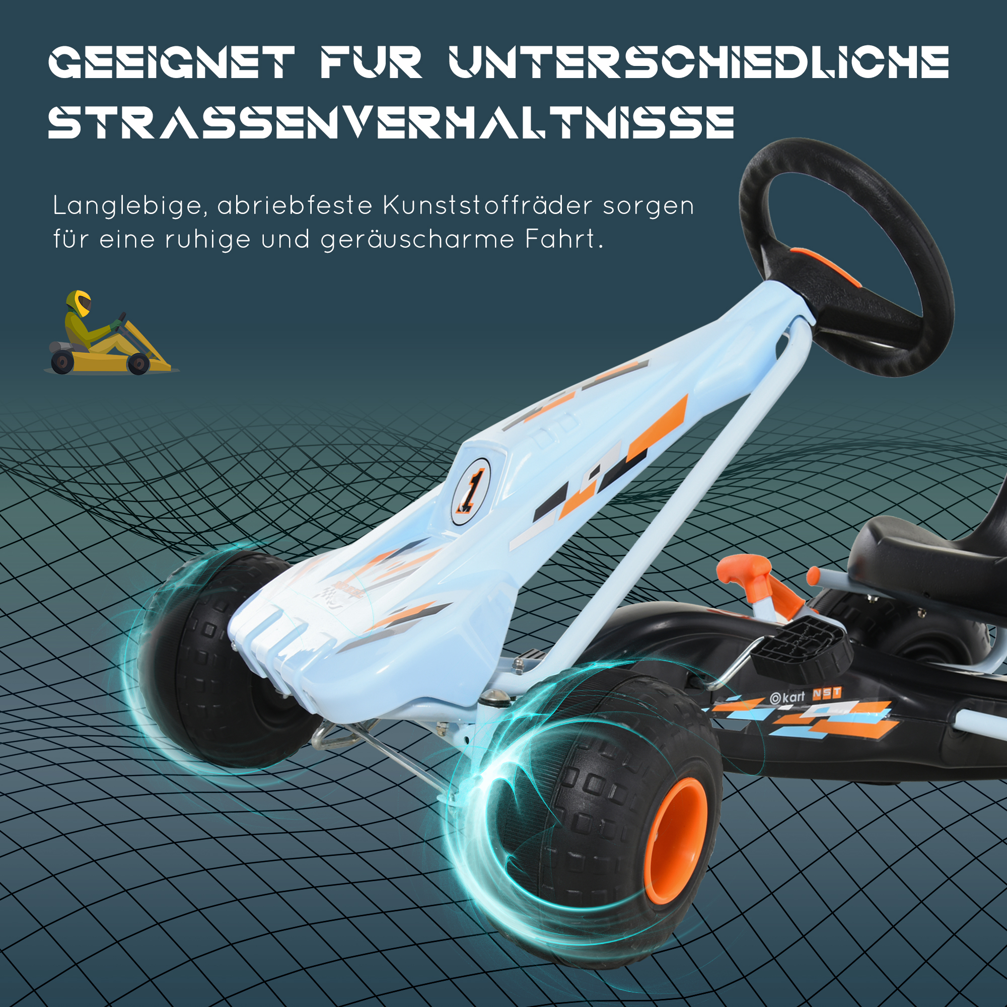 Gokart Tretauto mit Handbremse, verstellbarem Sitz, Pedal, Vor- und Rückwärtsgang, Kettcar Tretfahrzeug Kinderfahrzeug Kinderspielzeug Pedal-Gokart für Kinder ab 3 Jahren Hellblau
