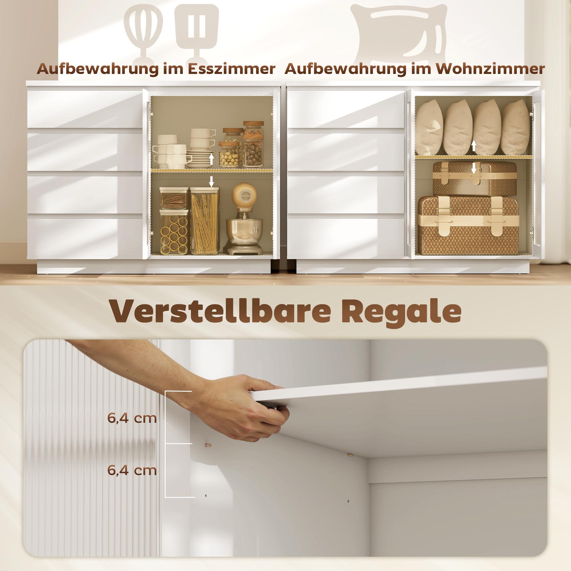 Buffetschrank, Sideboard mit 4 Schubladen, 2 Glastüren, modernes Design, MDF, Weiß