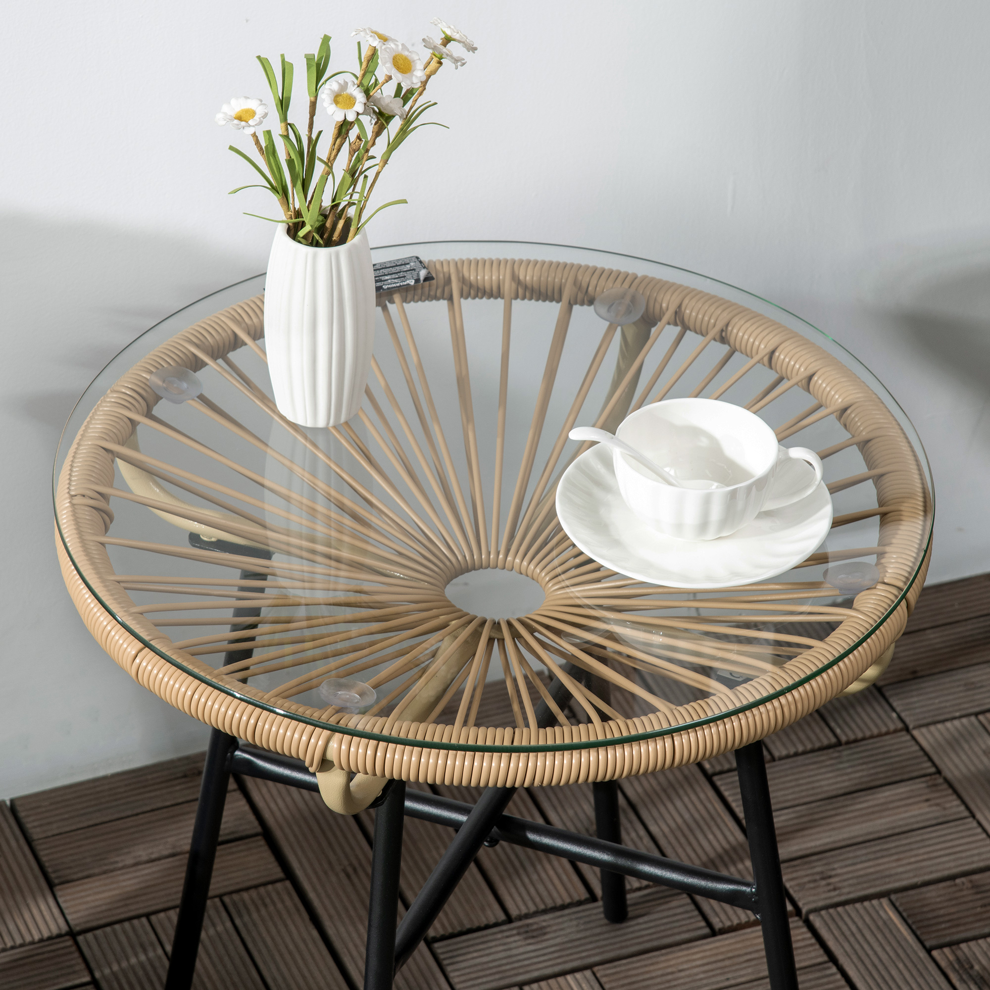 Gartentisch im Boho-Stil, PE-Rattan, gehärtetes Glas, wetterbeständig, 50 cm x 50 cm x 50 cm, Beige