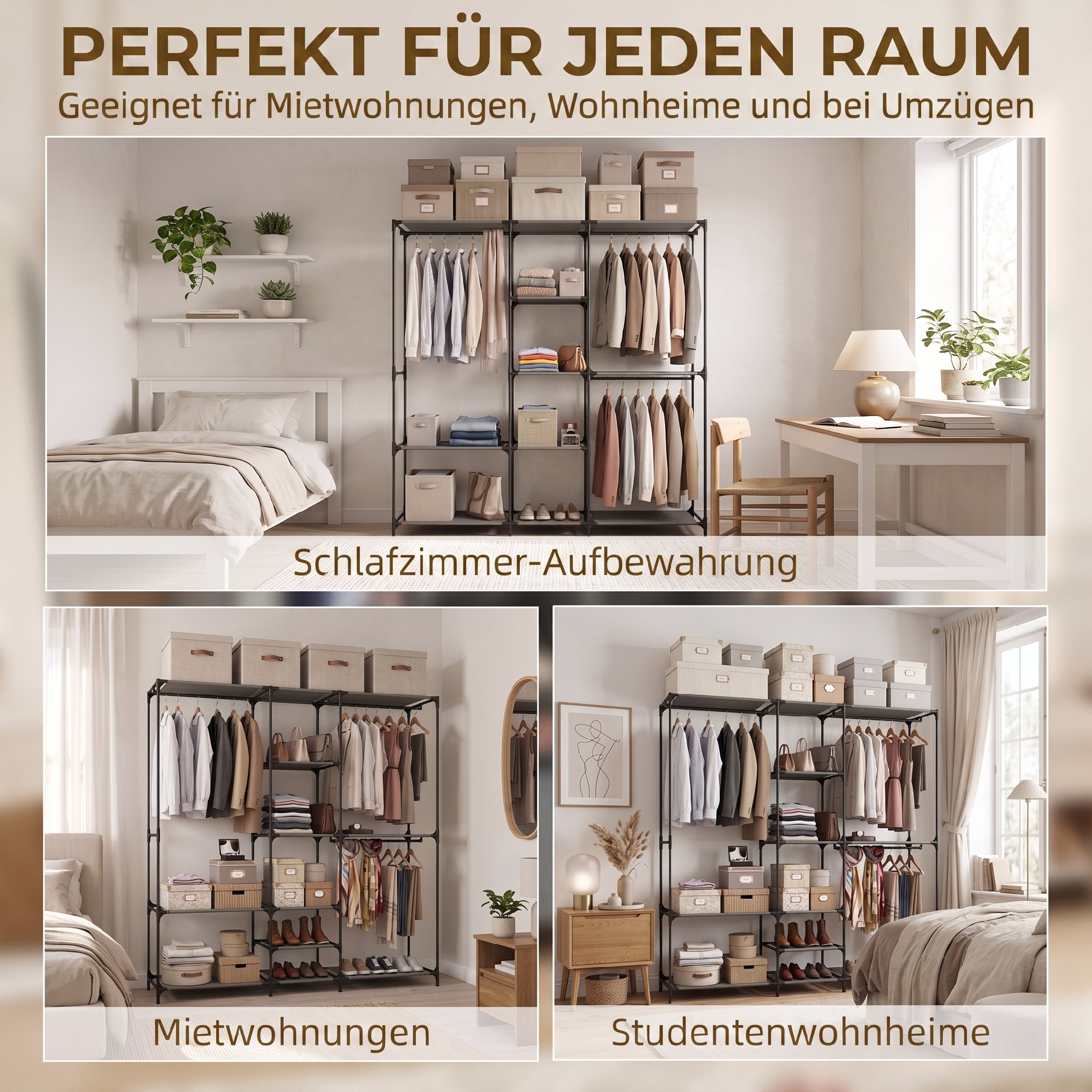 Textil-Kleiderschrank, tragbar, werkzeuglos, mit 3 Kleiderstangen und 5 Ablagen, 182 x 43 x 182 cm, Schwarz