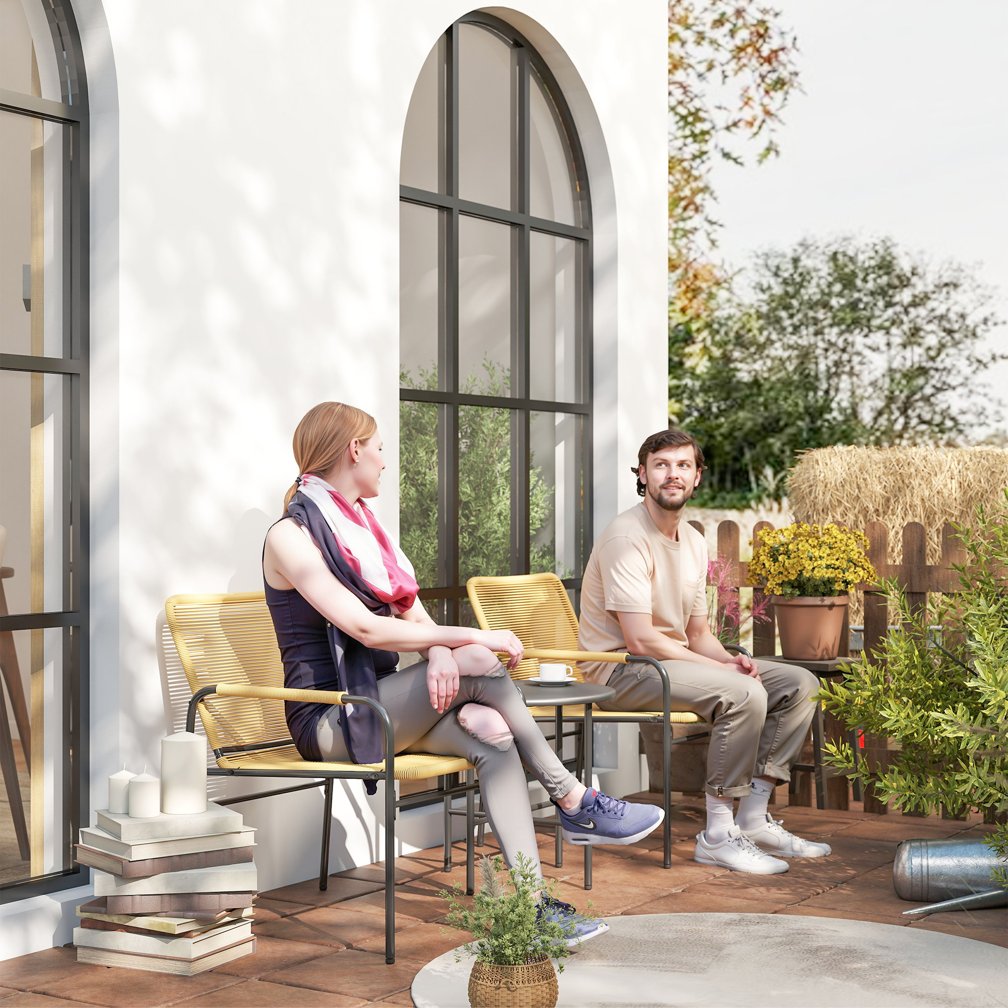 3-tlg, Rattan Bistroset, Sitzgruppe, Gartengarnitur mit 2 Gartensesseln, Couchtisch 54 x 66 x 76 cm Gelb