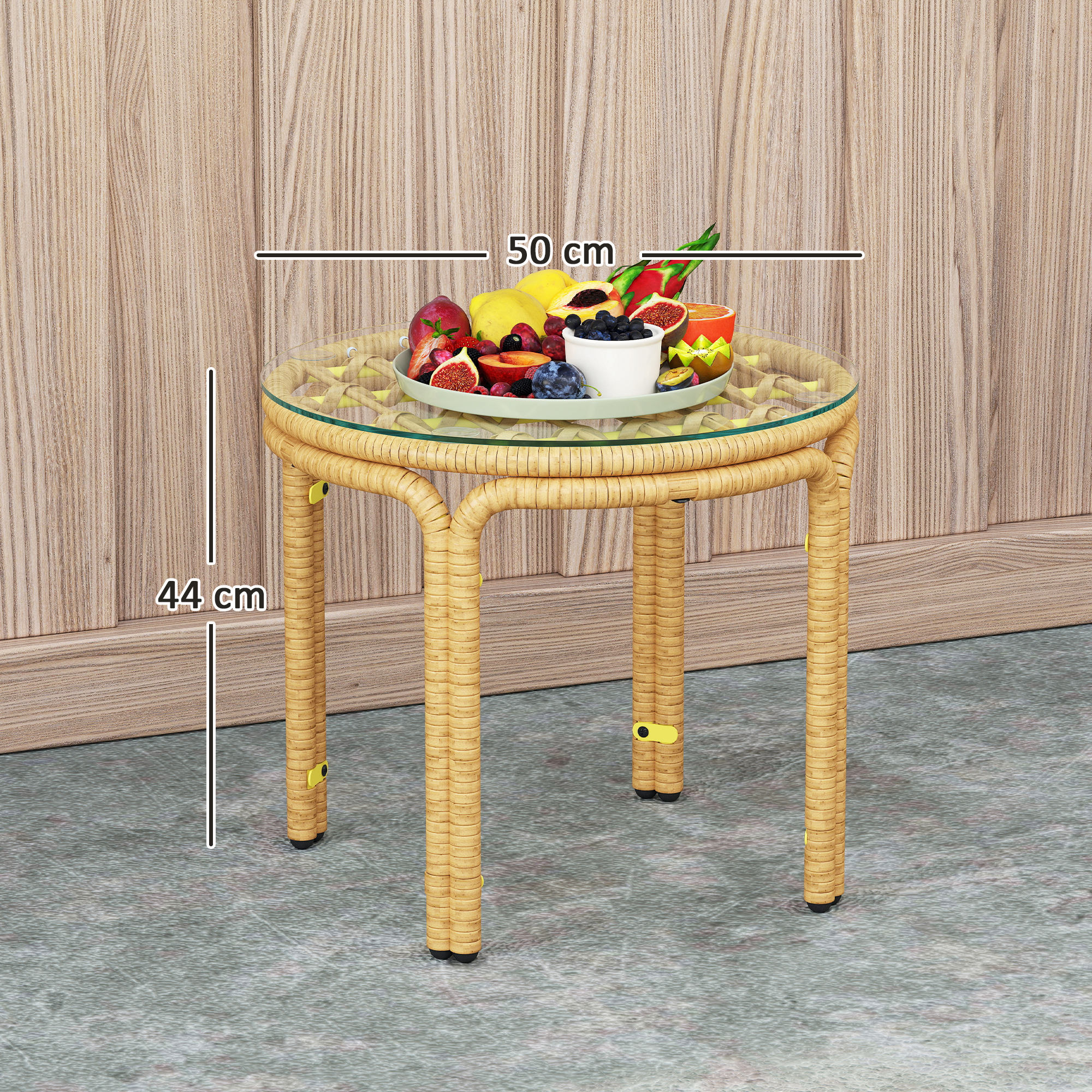 Beistelltisch aus Polyrattan runder Couchtisch mit Glas Tischplatte Nachttisch Ø50 cm Gelb