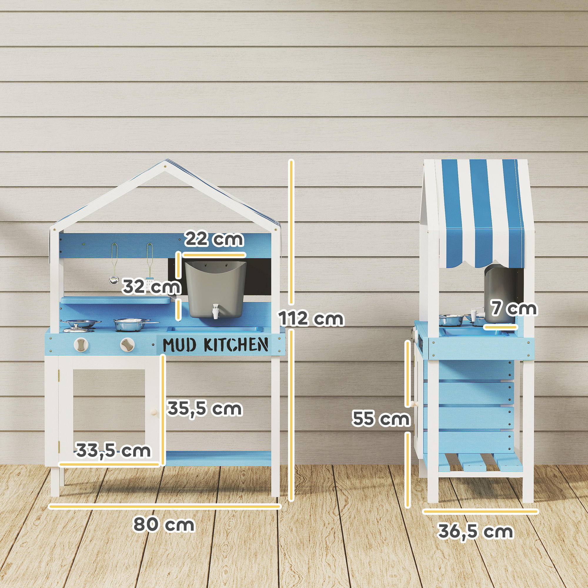 Outdoor-Spielküche für Kinder mit Sonnendach, Kochgeschirr-Set, Massivholz, Blau