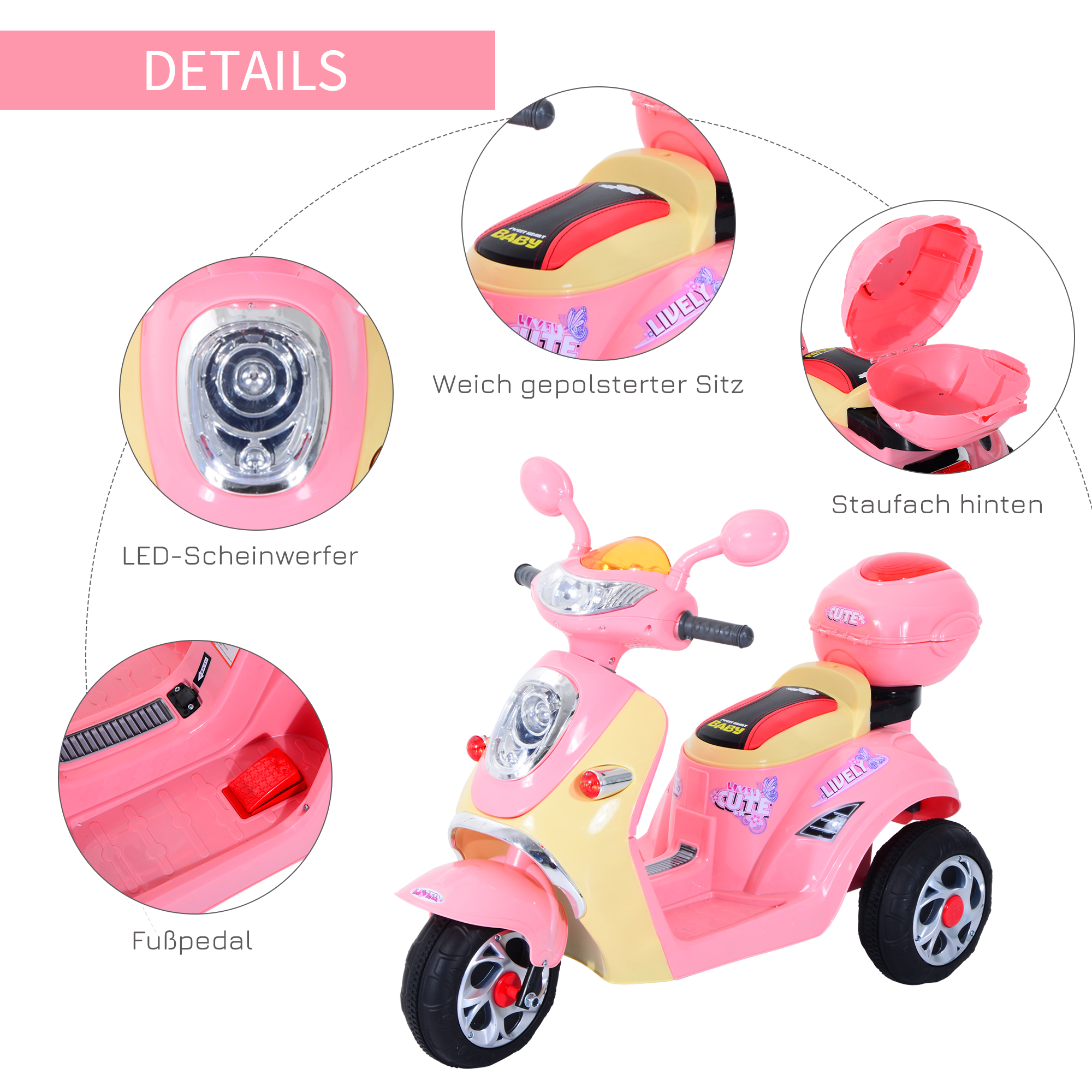 Elektro Kindermotorrad Elektromotorrad Kinderelektroauto Kinderfahrzeug Dreirad, 6V, Metall+PP, 108x51x75cm (Rosa+Gelb)