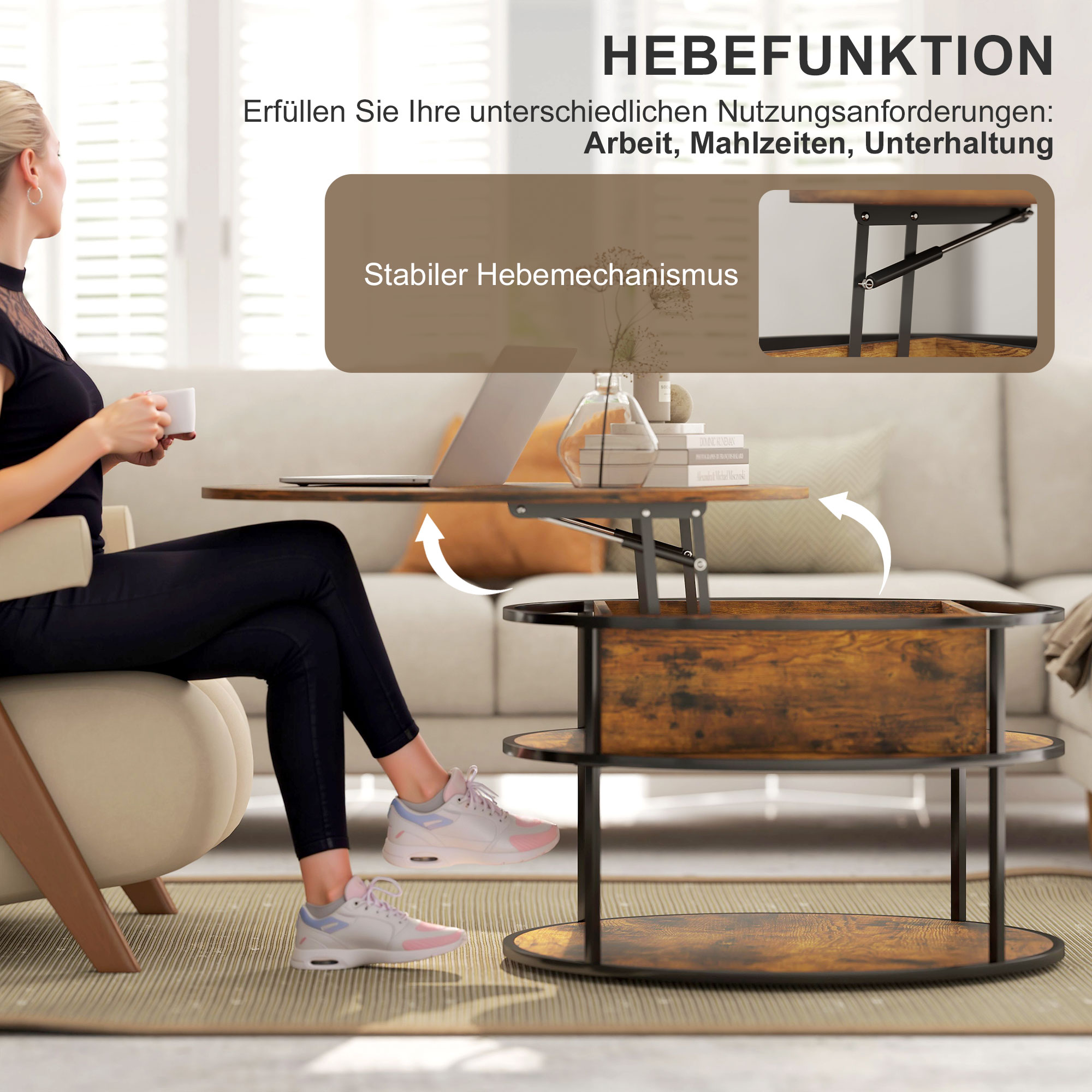 Runder Kaffeetisch mit anhebbarer Tischplatte, Stauraum, seitliche Regale, Stahlrahmen, Couchtisch, Braun