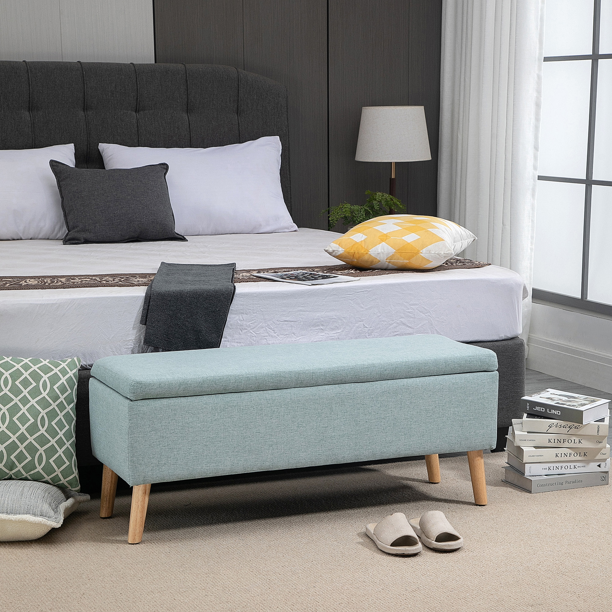 Sitzbank mit Stauraum Polsterbank mit Leinenoptik, Sitztruhe mit Holzbeine, Truhenbank für Wohnzimmer Schlafzimmer Flur 110 x 39 x 45 cm, Hellgrün