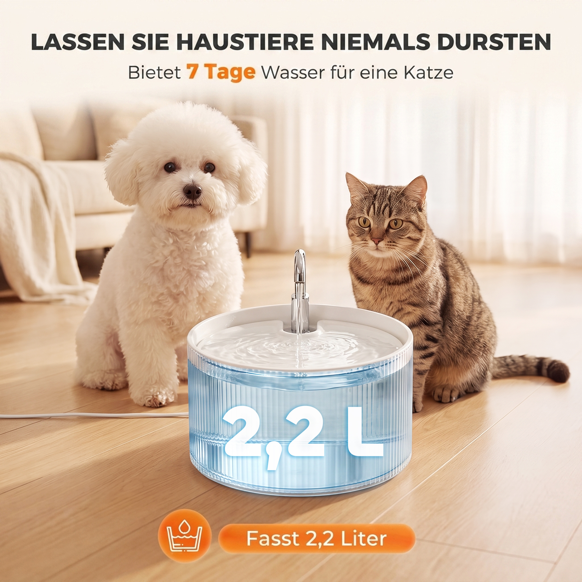 Katzenbrunnen 2,2L Keramik Trinkbrunnen mit 4-fach Filtersystem 2 Modi 1 Filter & Schaumstoff Ultraleise Pumpe, BPA-frei