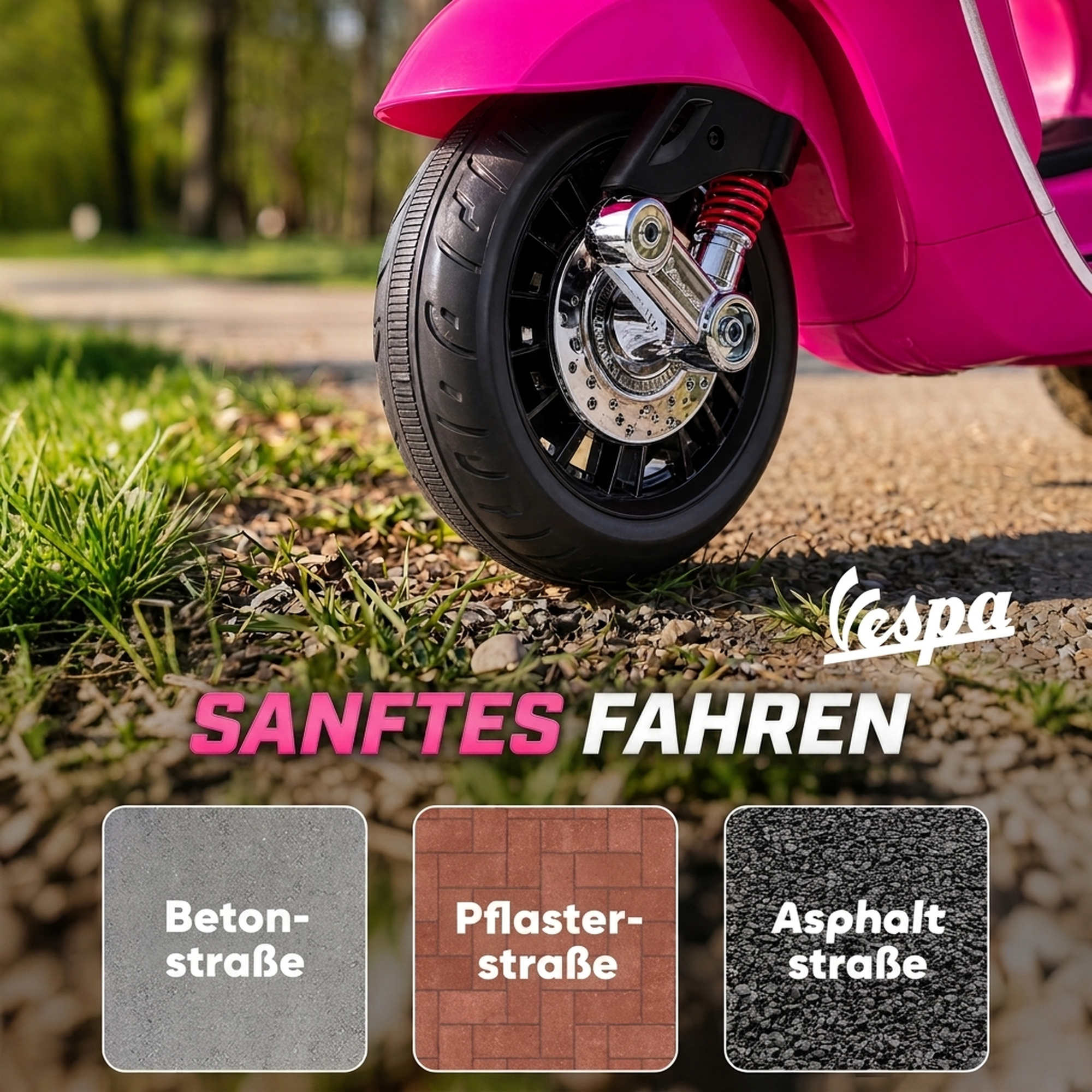 Elektro-Kindermotorrad, Vespa, 3 km/h, 3-6 Jahre, Musik, Licht & Radio, Rosa