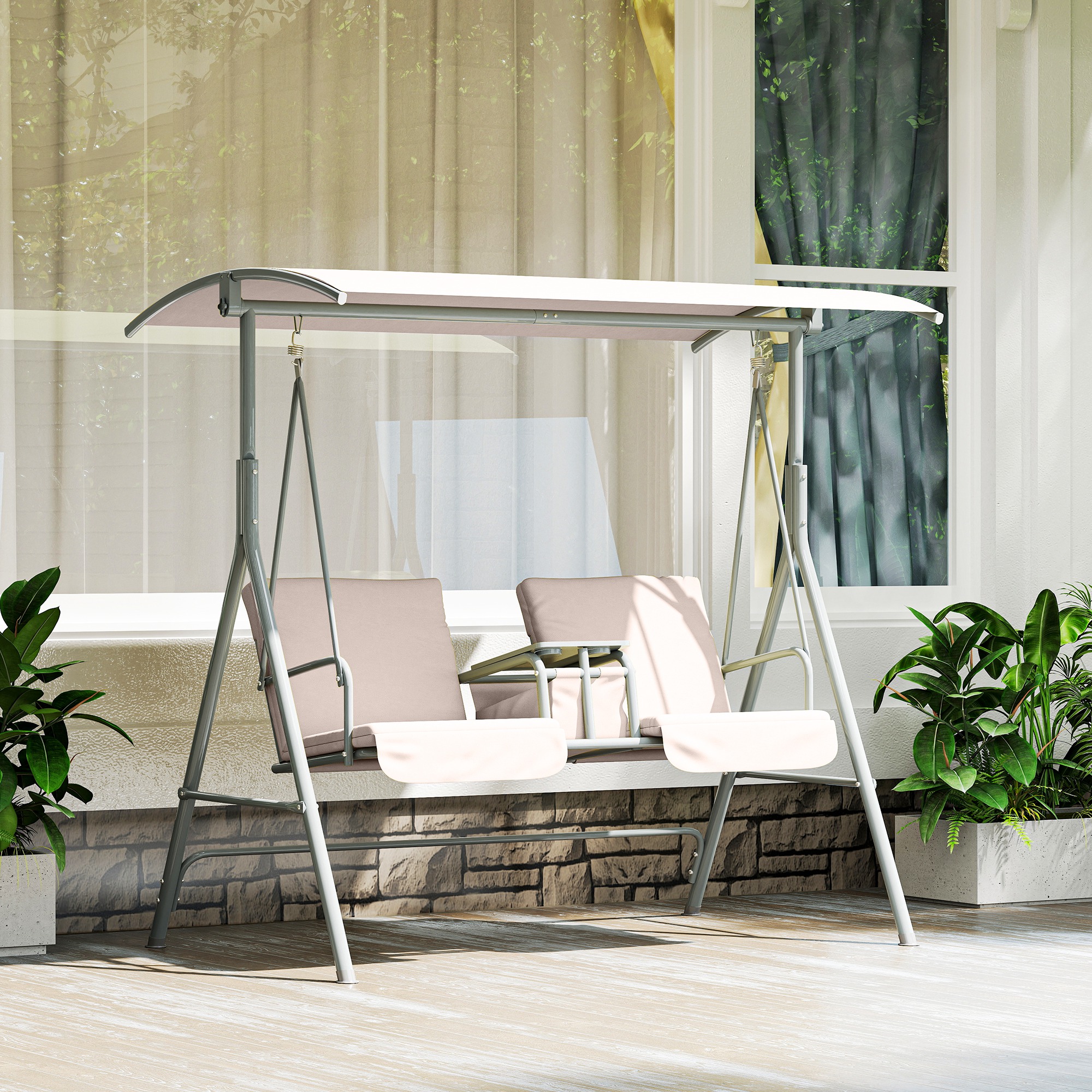 Hollywoodschaukel, Gartenschaukel, 2-Sitzer-Schaukel mit Sonnendach, 175 x 112 x 158 cm, Beige