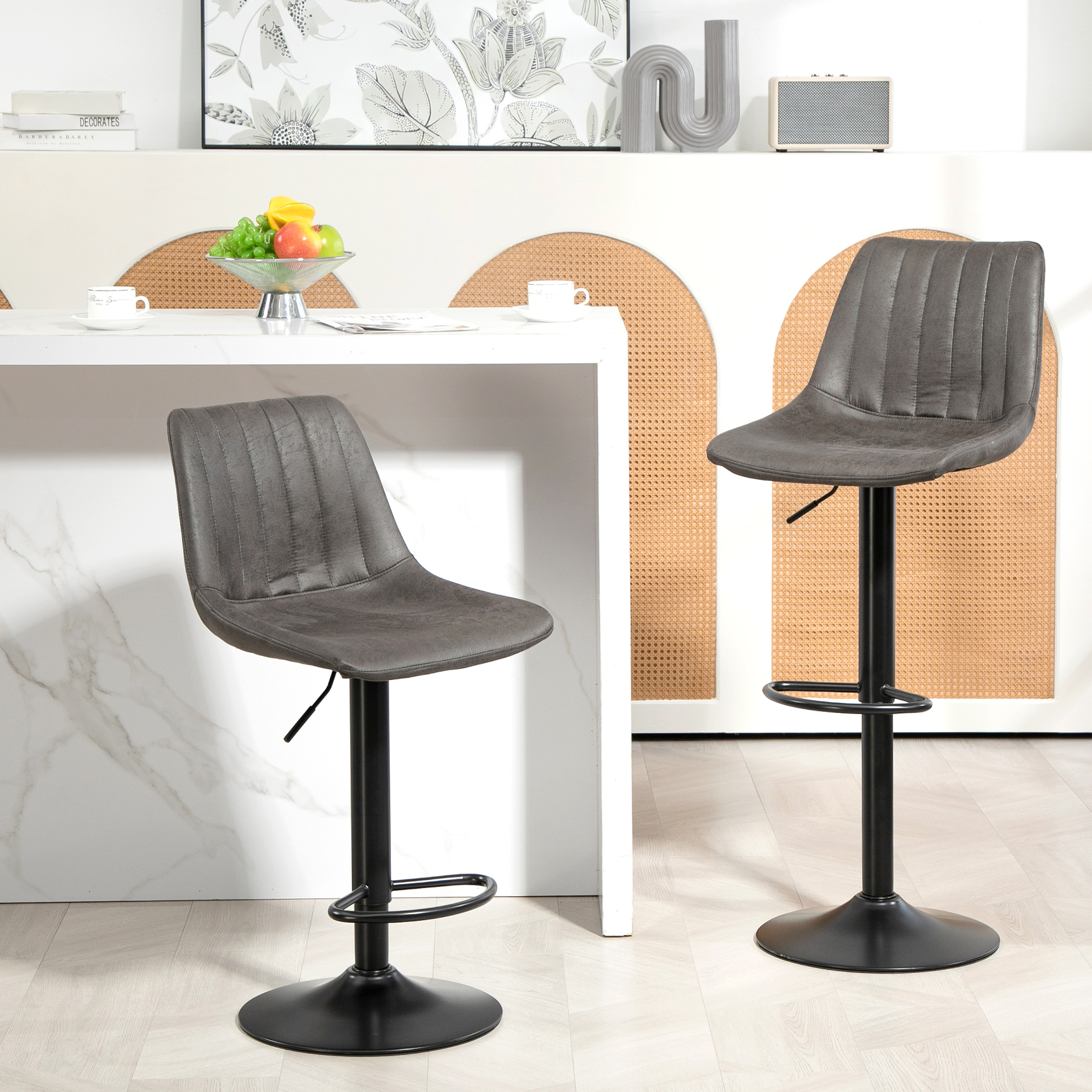 2er-Set Barhocker im Retrodesign, inkl. Fußstütze, höhenverstellbar, Gaslift, Dunkelgrau