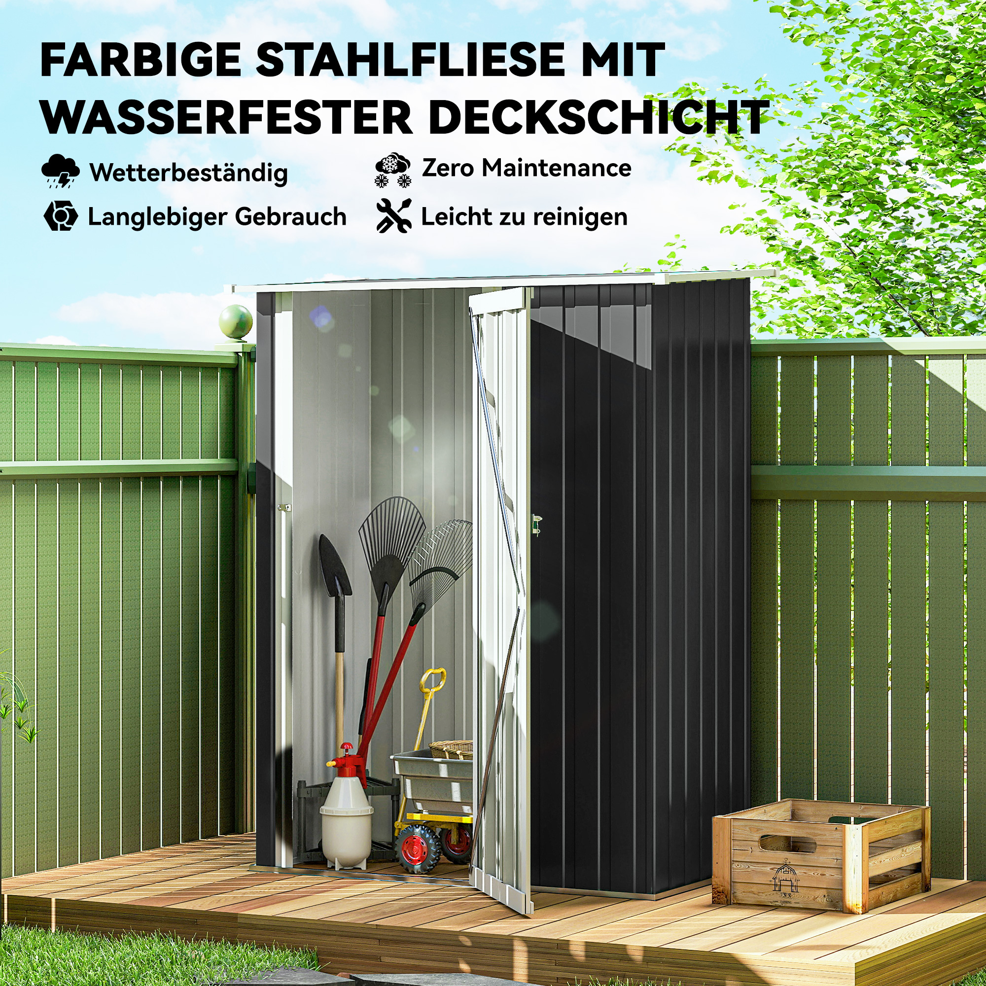 Metall Gerätehaus 1,07 m² 142 x 86 x 189 cm Geräteschuppen mit Pultdach Abschließbarer Tür, wetterfest Gartenhaus Outdoor Garten Schuppen für Hinterhof Außenbereich Dunkelgrau
